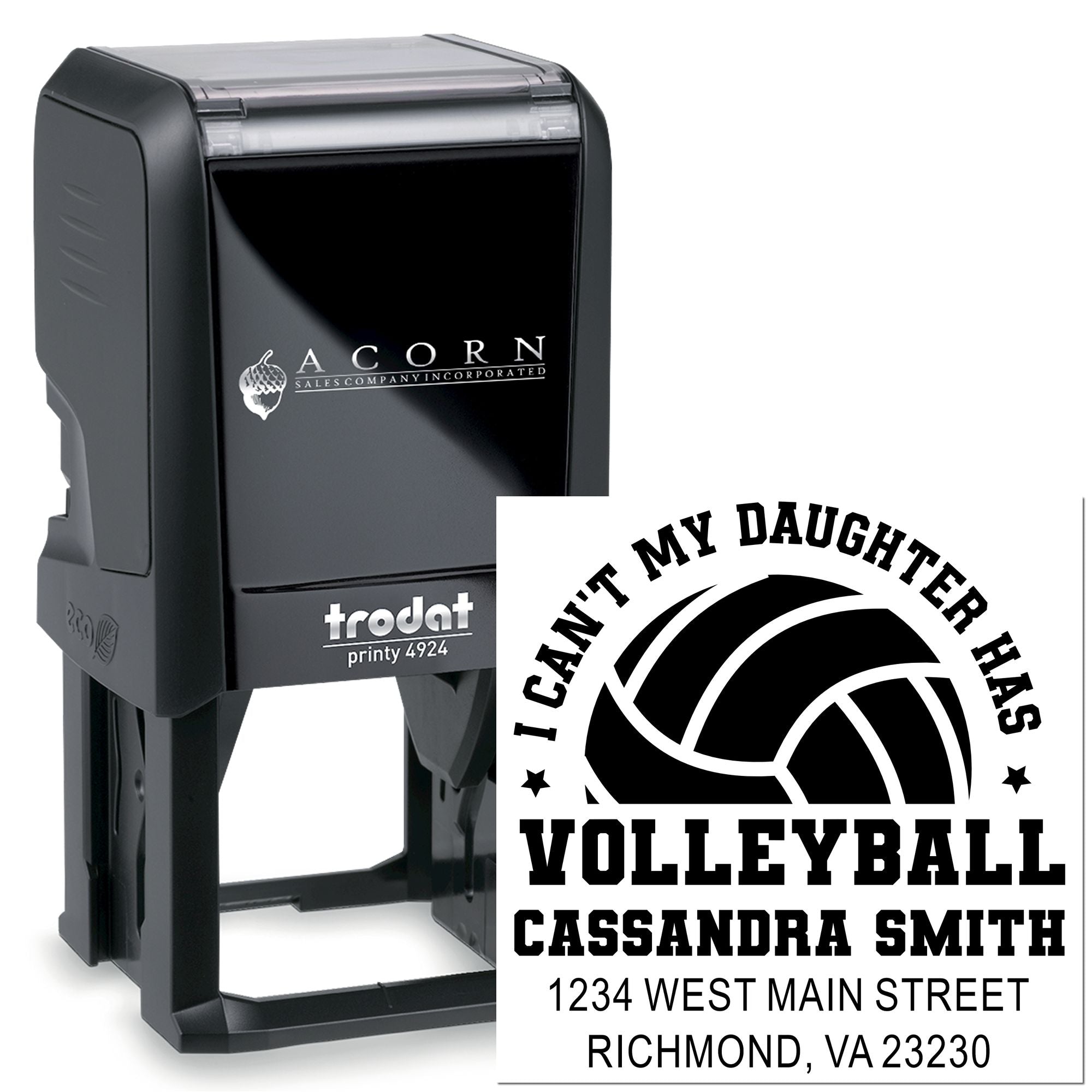 Trodat self-inking rubber stamp with custom volleyball design, name, and address imprint for personalized return address use.