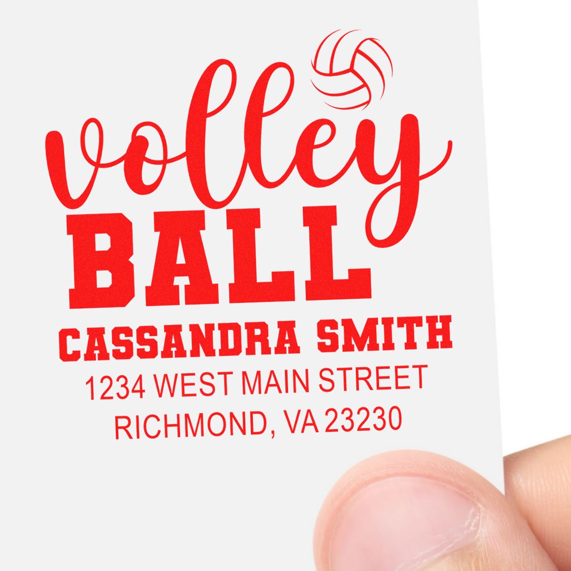 Custom volleyball address rubber stamp with personalized name, street address, and Richmond, VA mailing details for stationery.