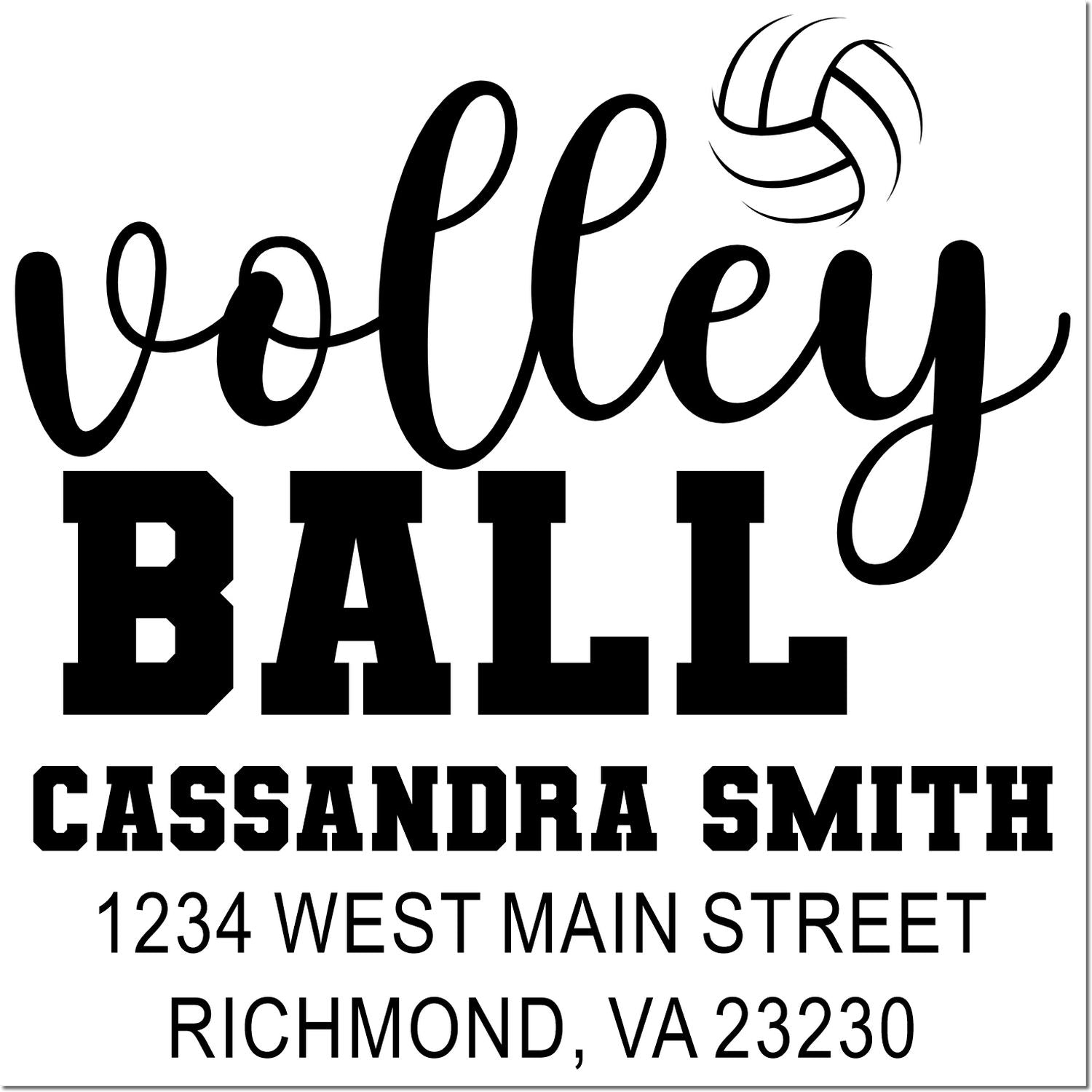 Custom volleyball return address rubber stamp for Cassandra Smith, 1234 West Main Street, Richmond, VA 23230