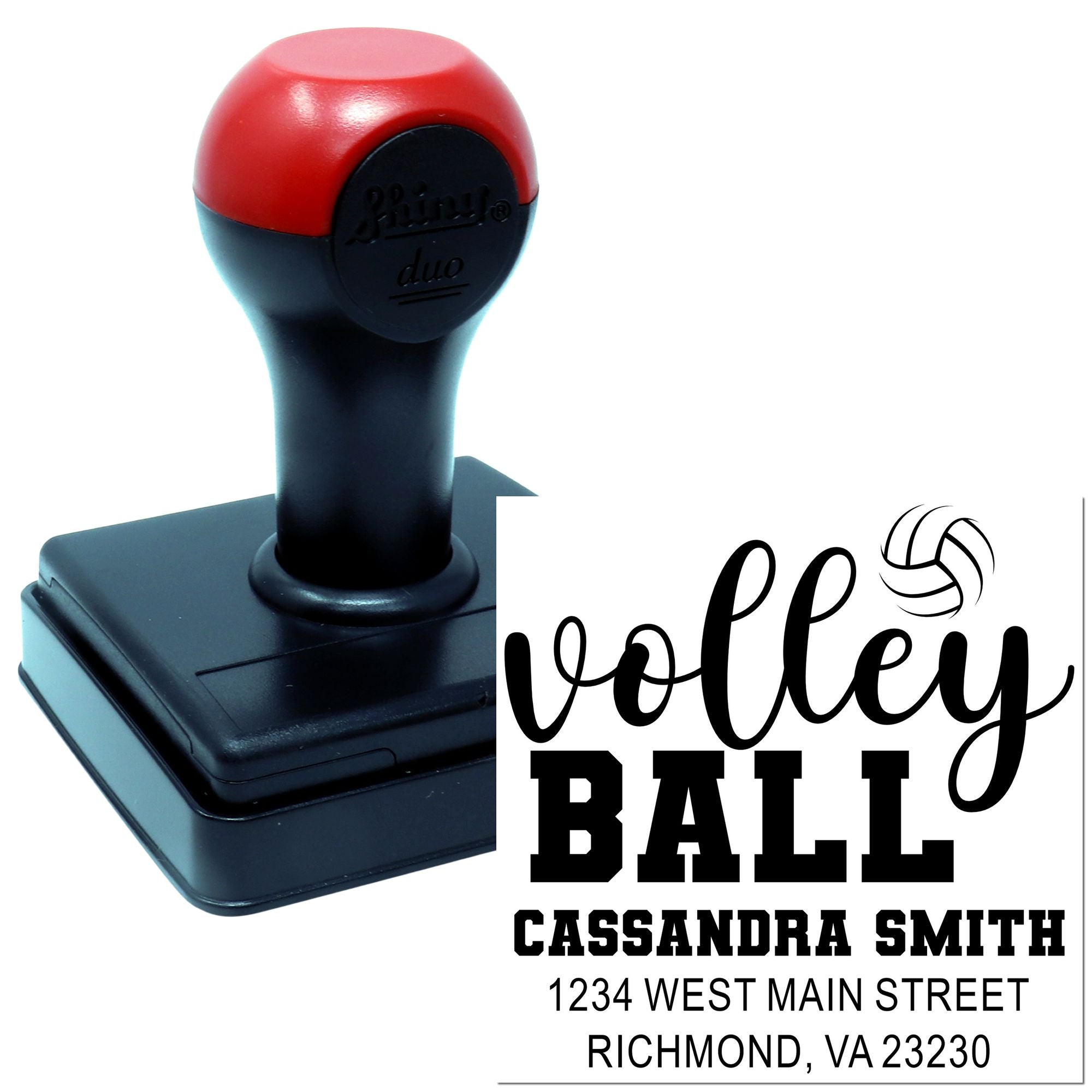Custom volleyball self-inking rubber stamp with name and address, ideal for personalized return labels and stationery.
