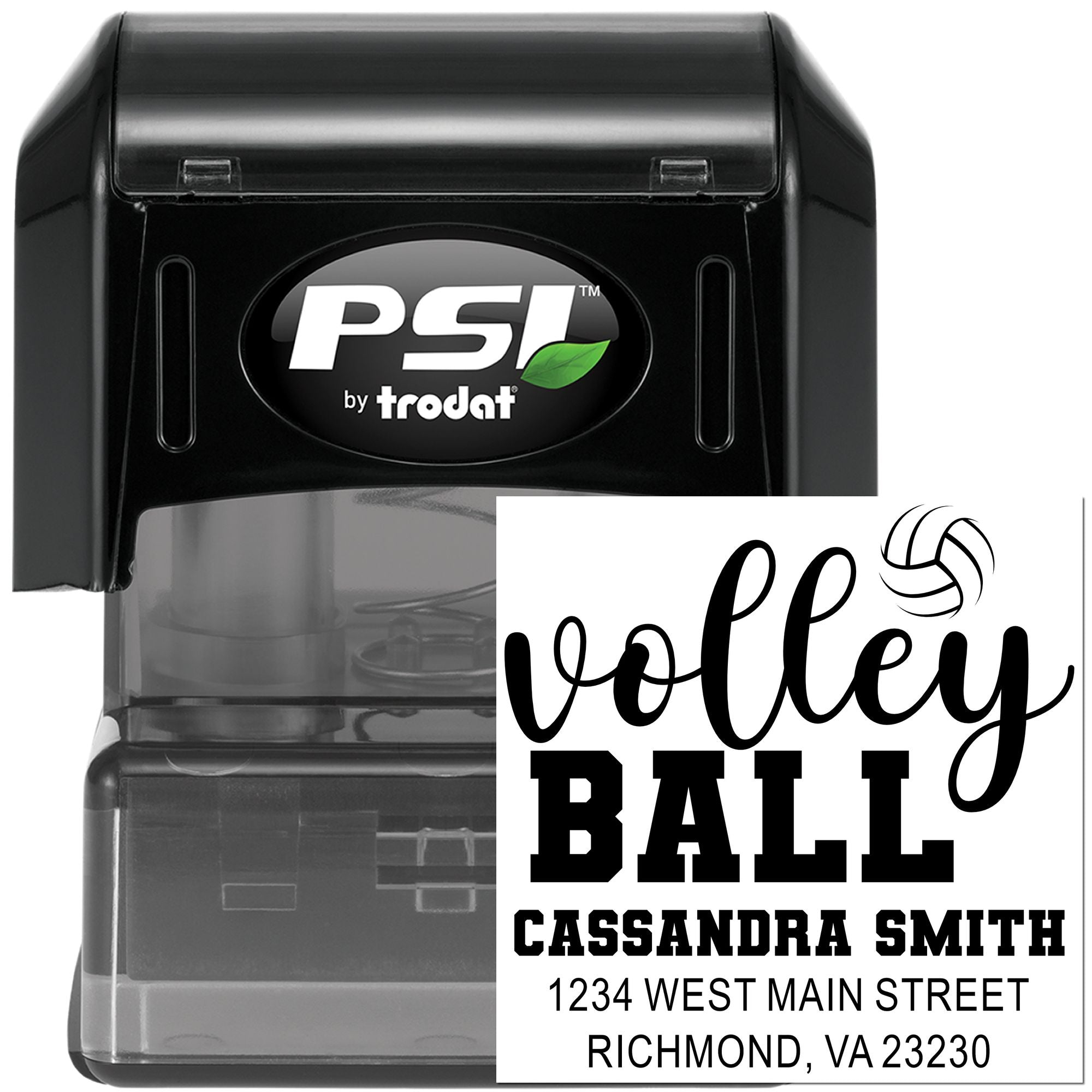 PSI by Trodat custom self-inking rubber stamp with personalized volleyball address design for Cassandra Smith