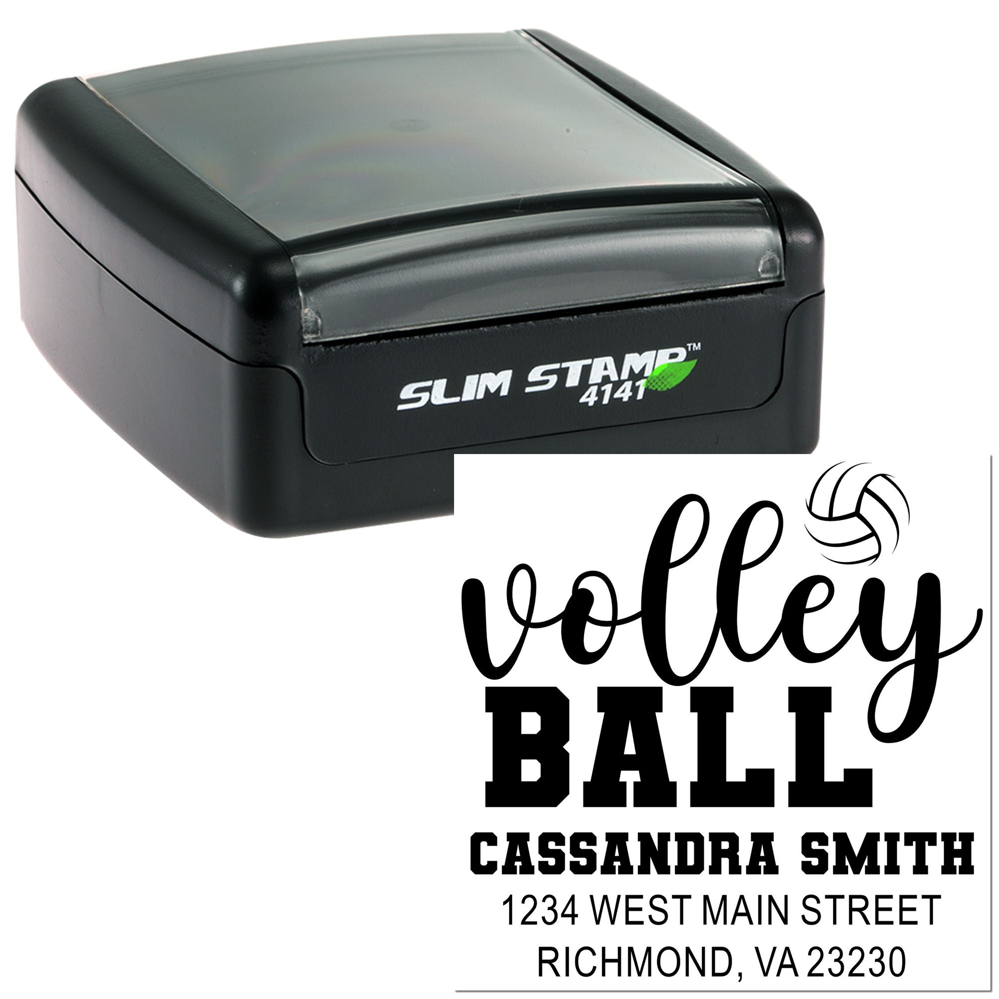 Custom volleyball rubber stamp with personalized name, address, and team design in a self-inking Slim Stamp case.