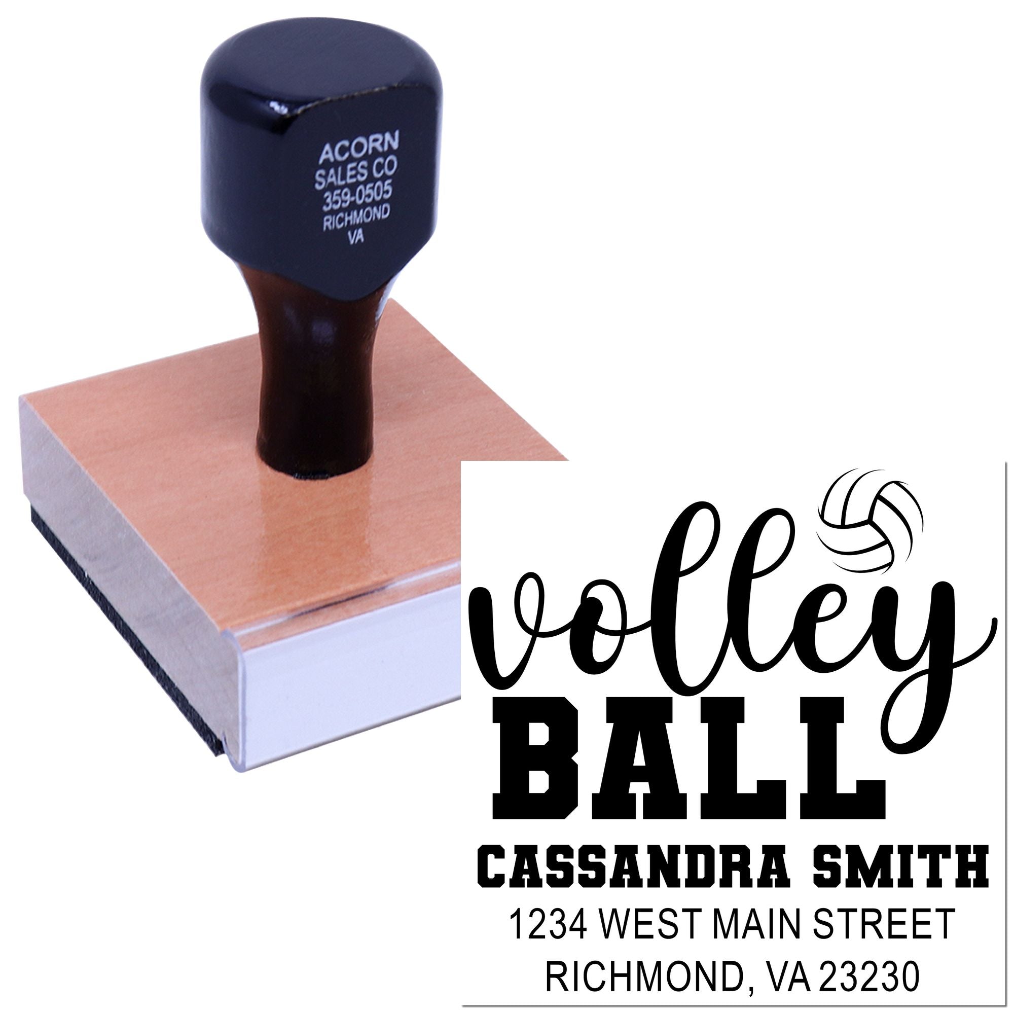 Custom volleyball rubber stamp with name and address, self-inking for team branding, mailings, and event use.