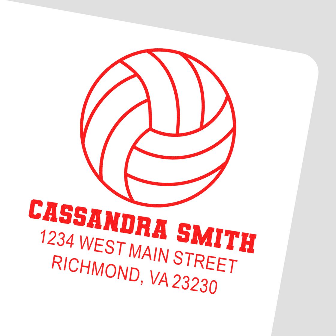Custom volleyball rubber stamp with Cassandra Smith name and Richmond, VA address for personalized stationery.