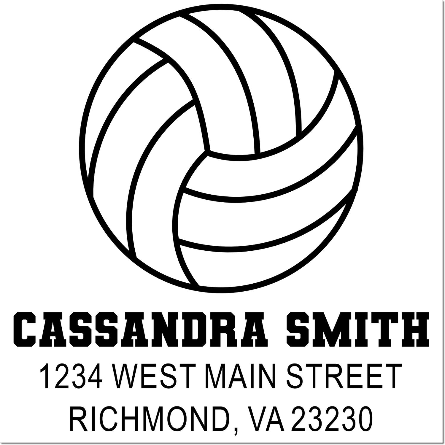 Custom volleyball address rubber stamp for Cassandra Smith, 1234 West Main Street, Richmond, VA 23230.