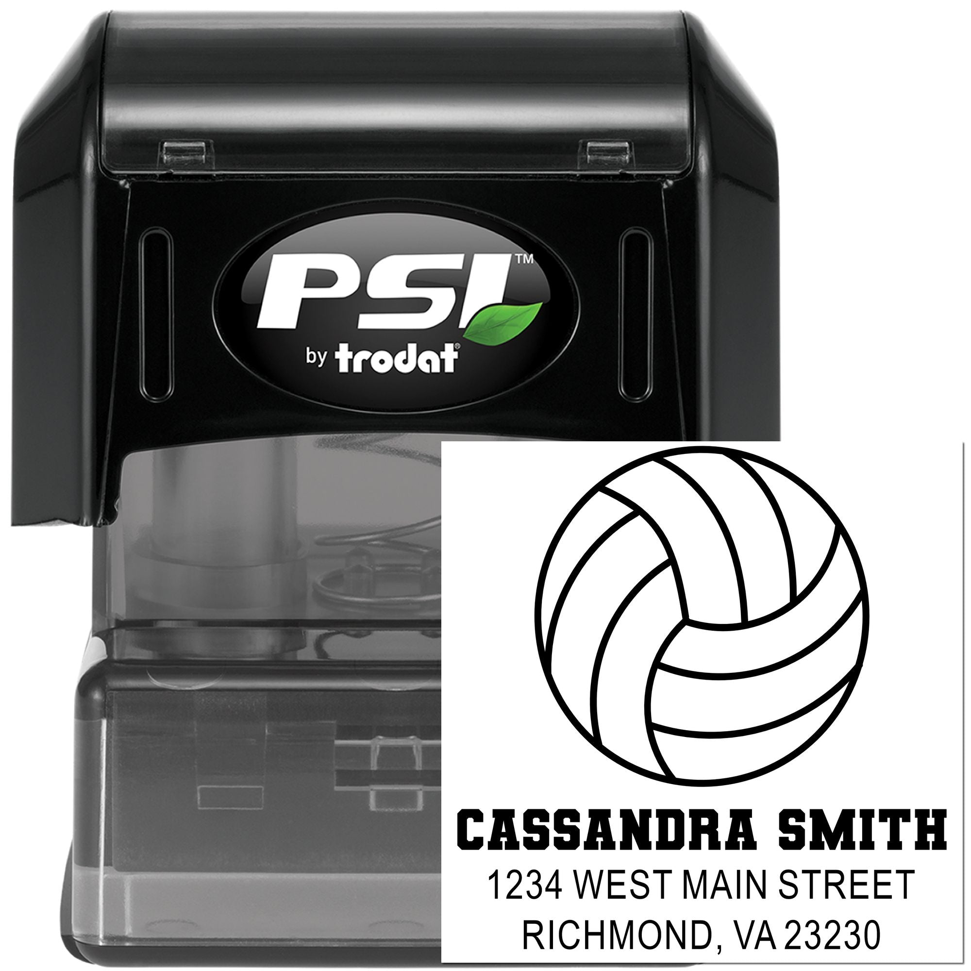 PSI by trodat custom self-inking rubber stamp with basketball logo, Cassandra Smith name, and Richmond, VA address.