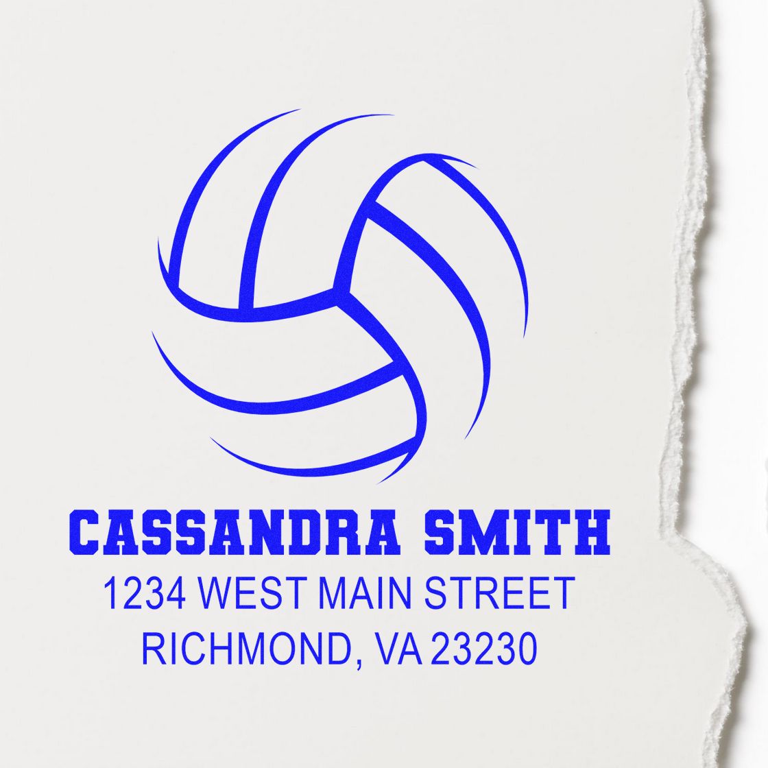 Custom volleyball logo return address rubber stamp for Cassandra Smith, Richmond, VA 23230