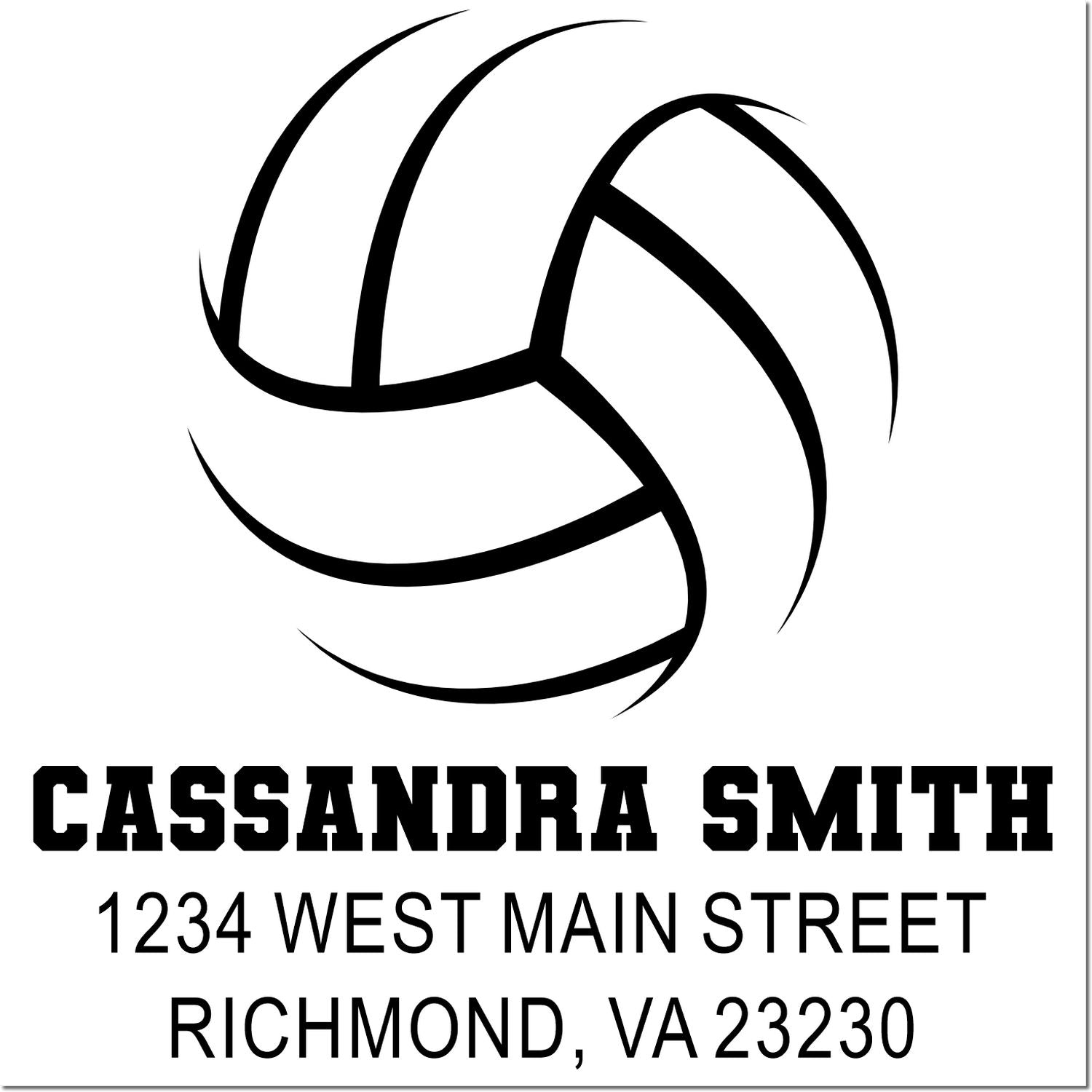 Personalized volleyball return address rubber stamp for Cassandra Smith, 1234 West Main Street, Richmond, VA 23230.