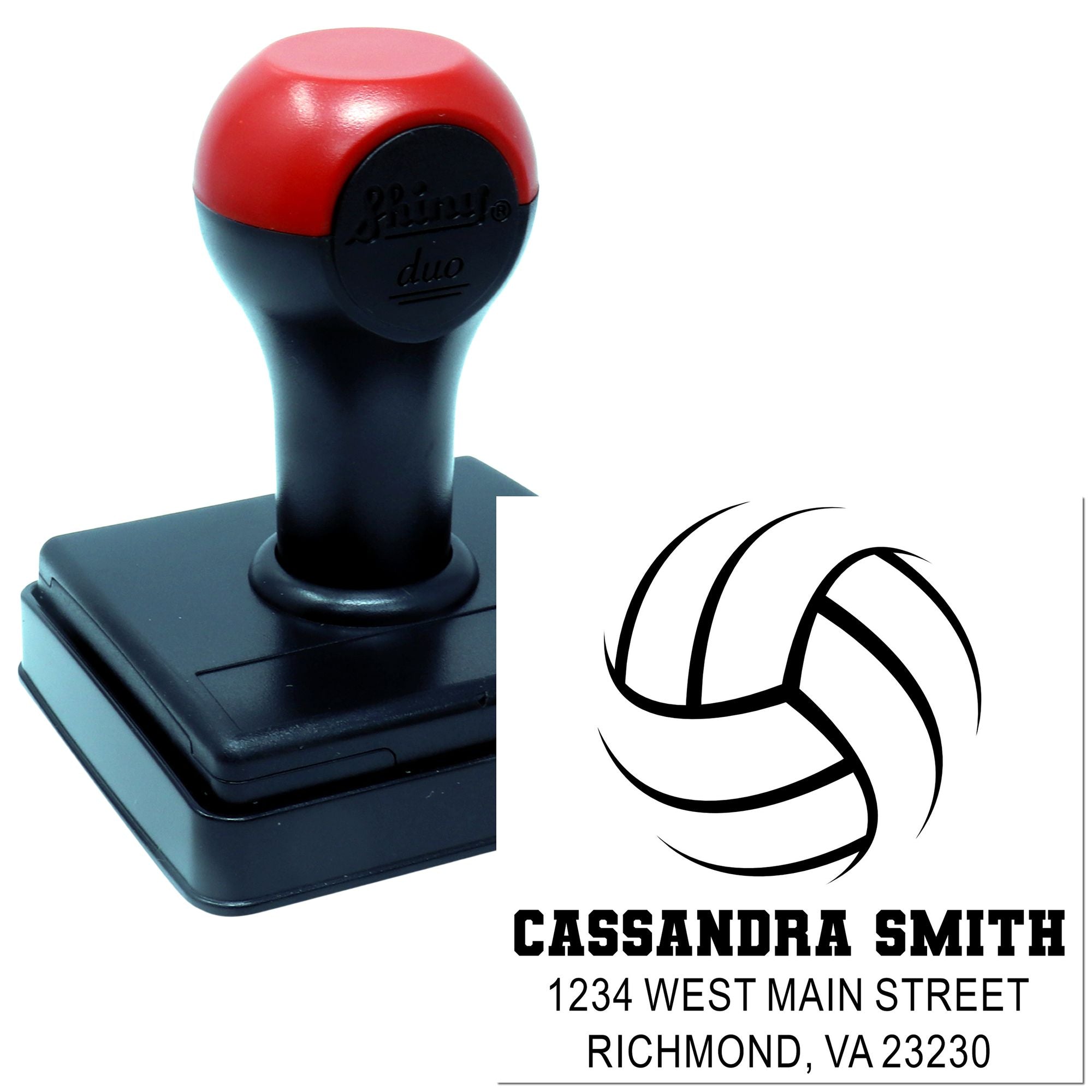 Custom self-inking rubber address stamp with name and address imprint for mailing, featuring Cassandra Smith, Richmond, VA.