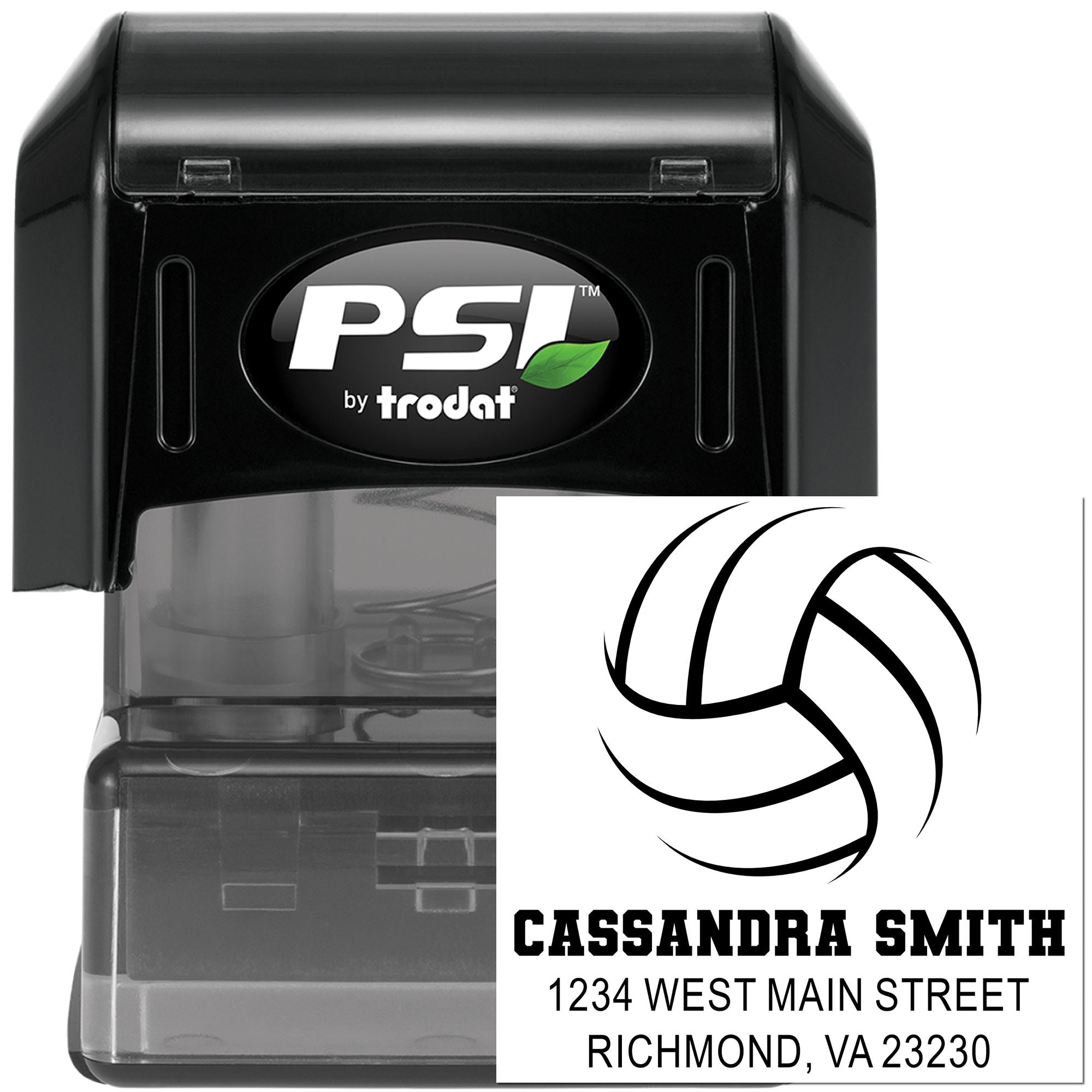 Custom self-inking address stamp by PSI Trodat with name, address, and logo for professional mailing and branding.