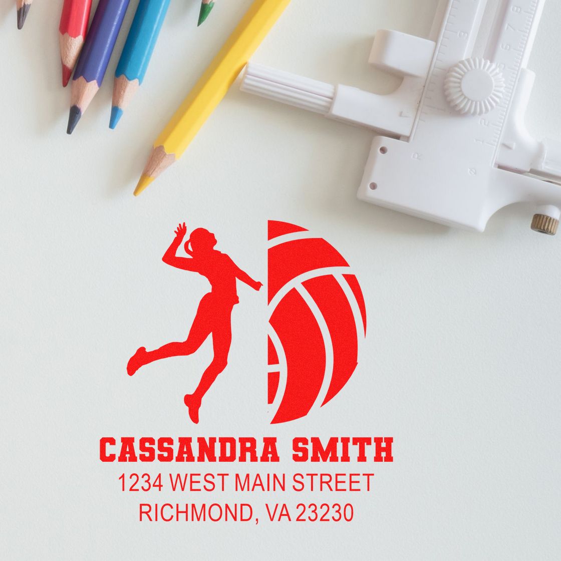Custom rubber return address stamp with volleyball design for Cassandra Smith, Richmond, VA