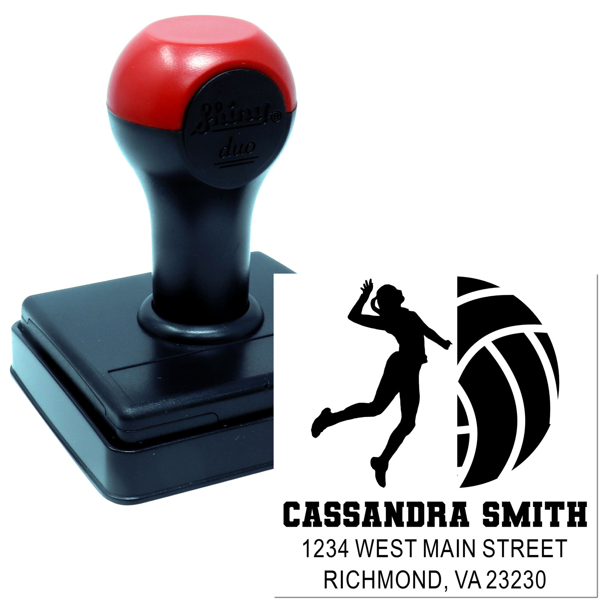 Custom self-inking rubber address stamp with athlete silhouette for Cassandra Smith, Richmond, VA.