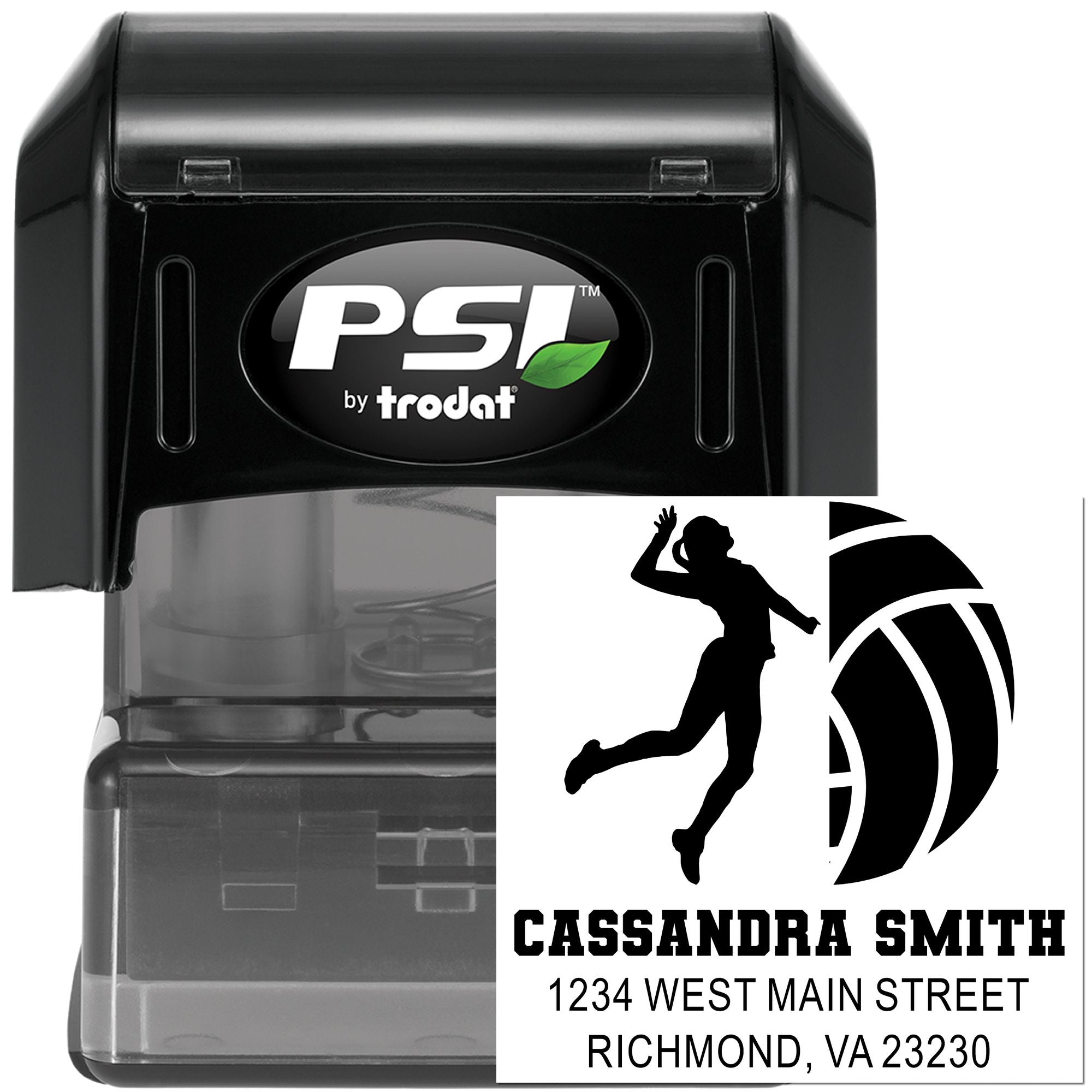 Custom self-inking rubber stamp with volleyball player design and return address for Cassandra Smith.
