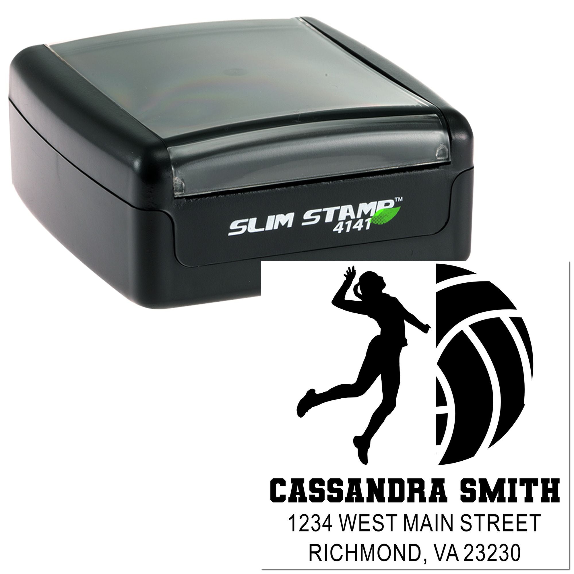 Self-inking custom rubber stamp with volleyball player design and Cassandra Smith return address in Richmond, VA.