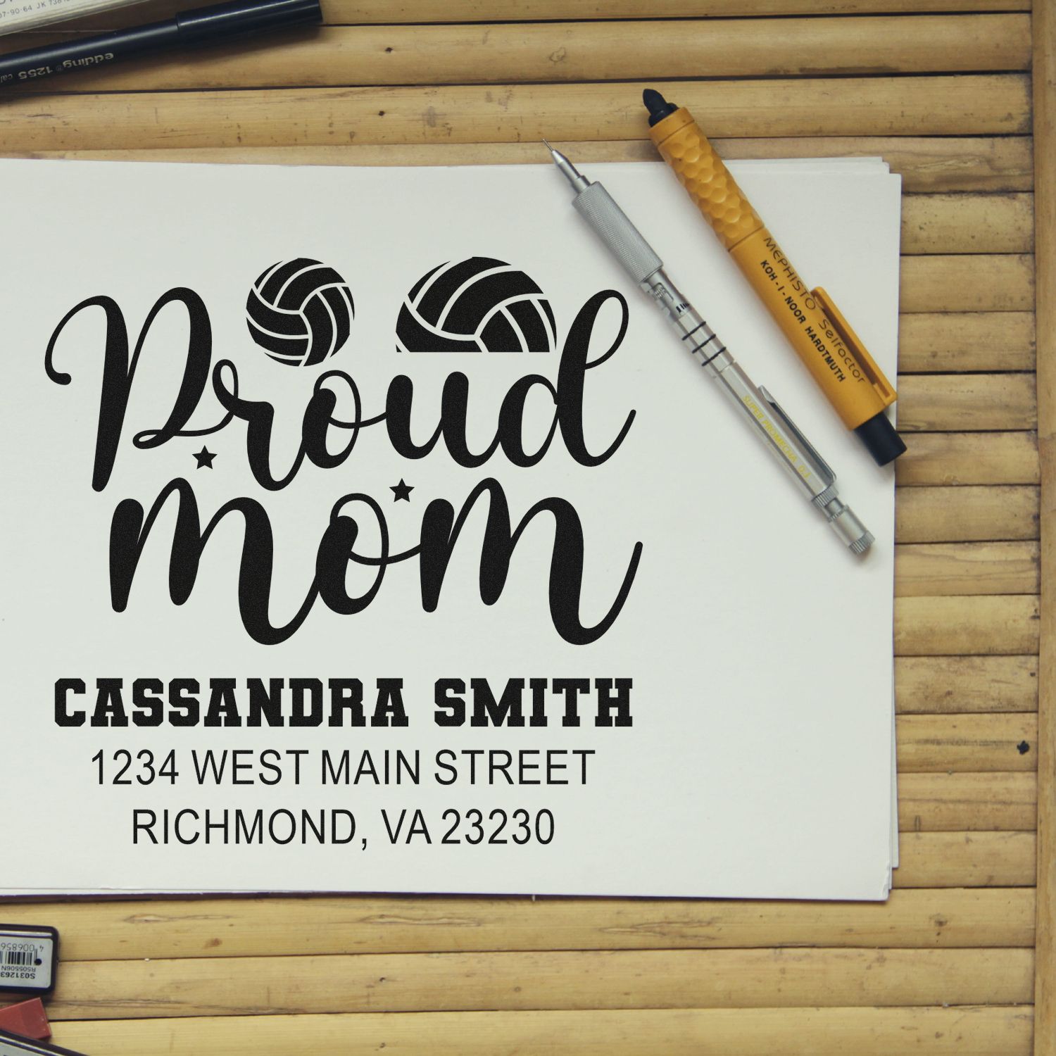 Custom personalized rubber stamp design for Proud Mom, featuring return address details for Cassandra Smith in Richmond, VA.