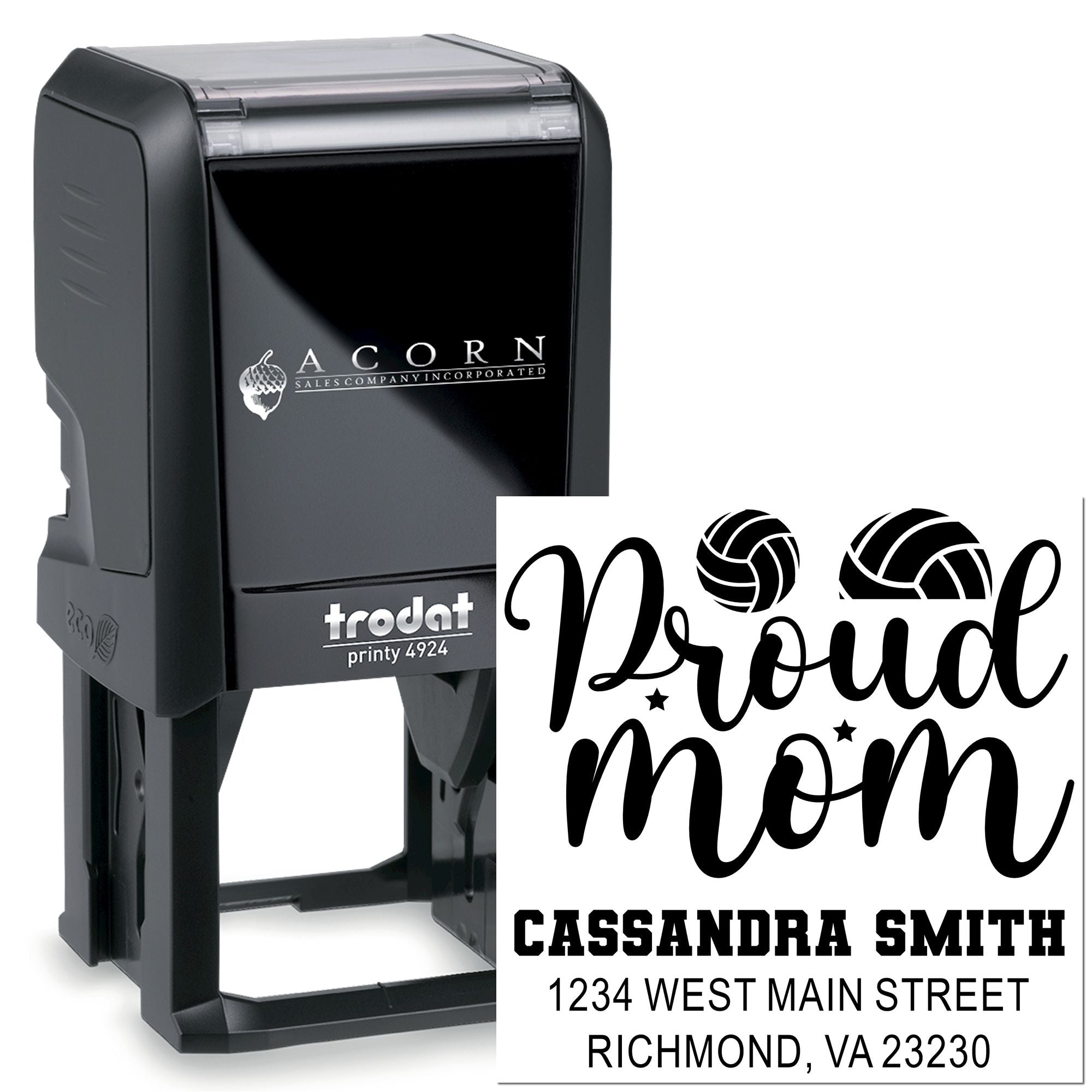 Trodat self-inking rubber stamp with custom Proud Mom design, name, and address for return mailing.