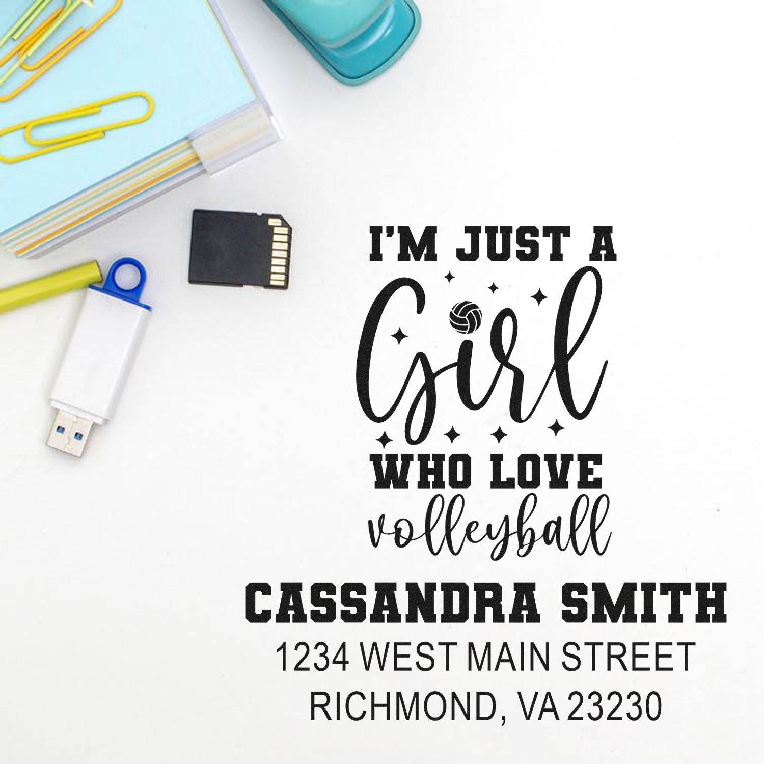 Custom volleyball address stamp with personalized name and return address, featuring Im just a girl who loves volleyball design.