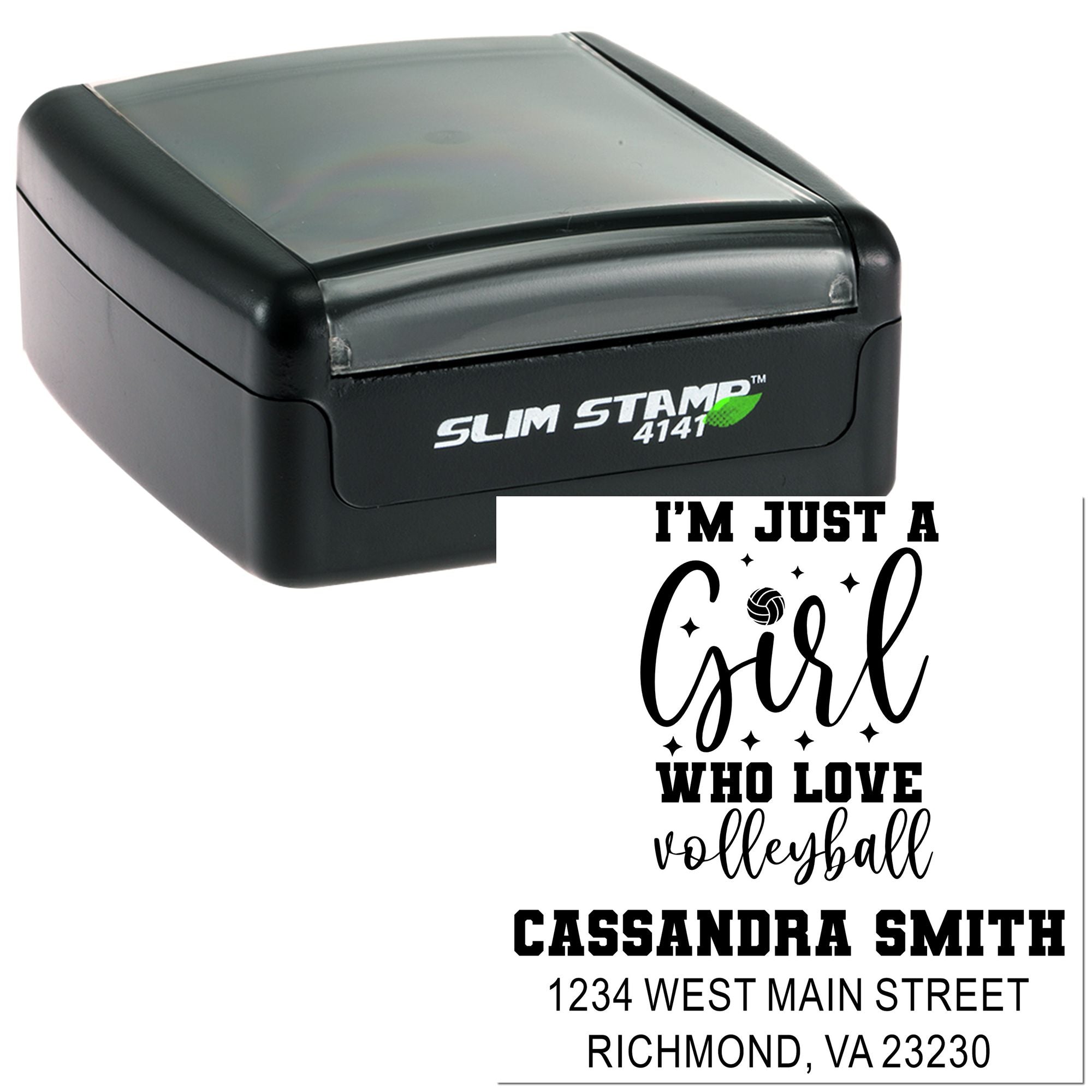 Custom self-inking rubber stamp for volleyball girl, showing name and address imprint with Slim Stamp 4141.