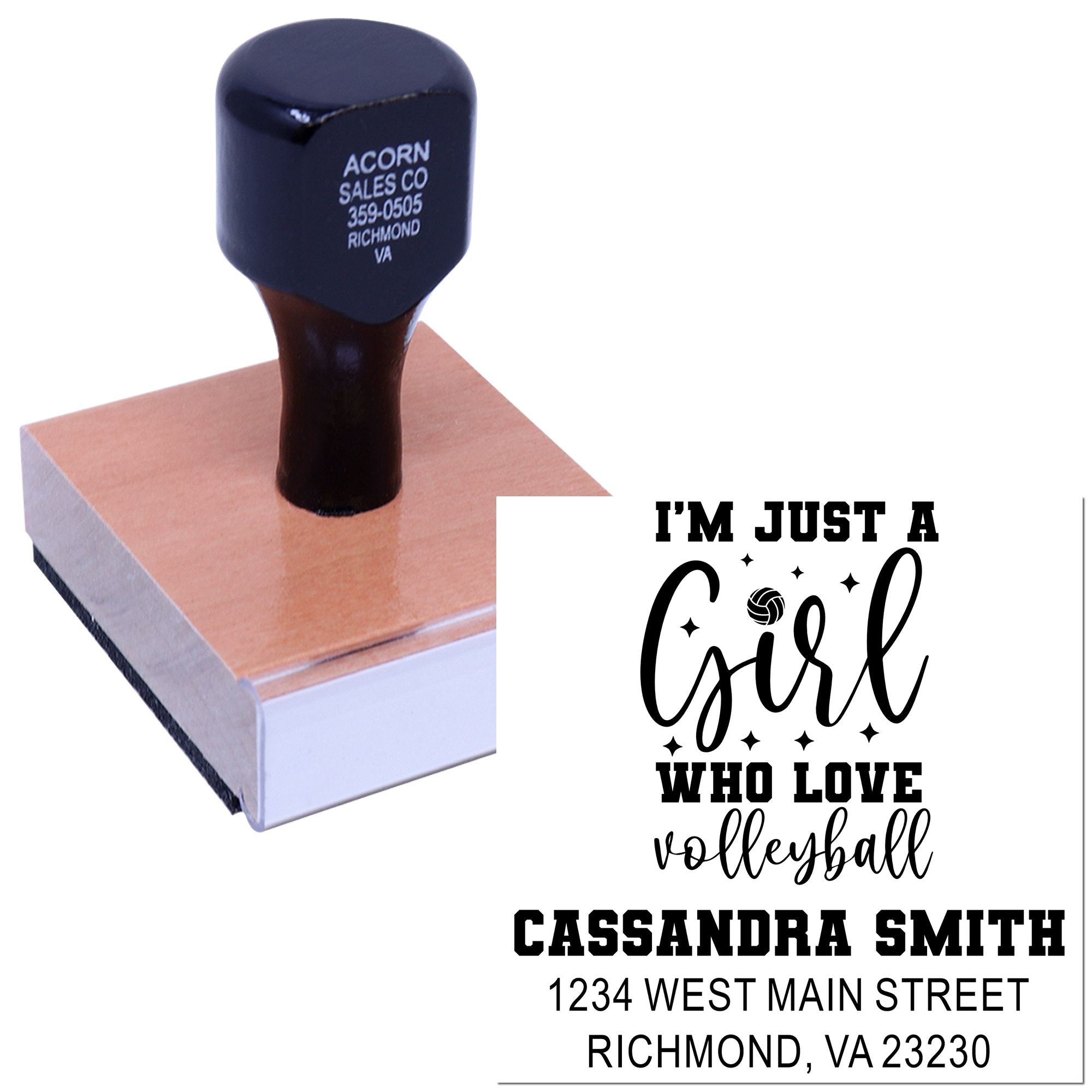 Custom rubber stamp design for a volleyball fan, featuring a personalized name and address imprint sample.