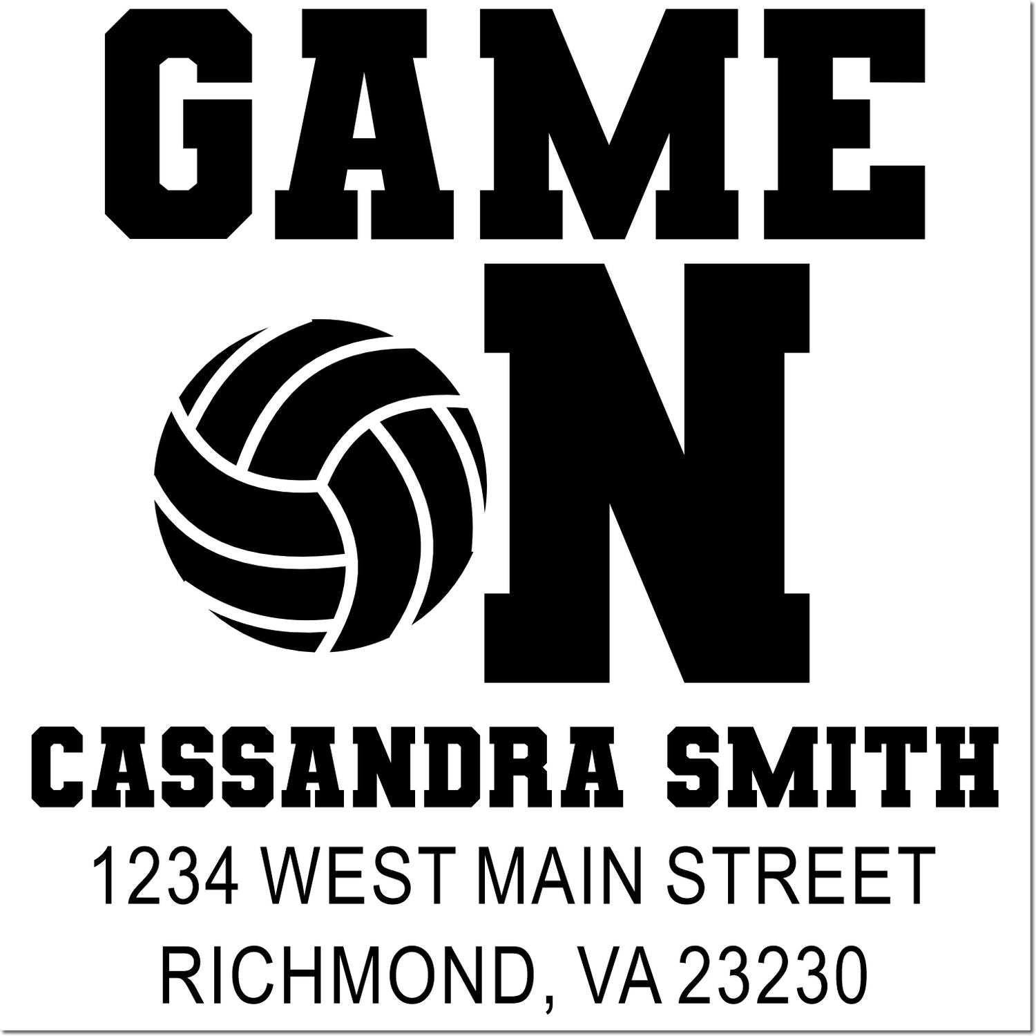 Custom rubber stamp design with GAME ON volleyball monogram, Cassandra Smith, and Richmond, VA address.