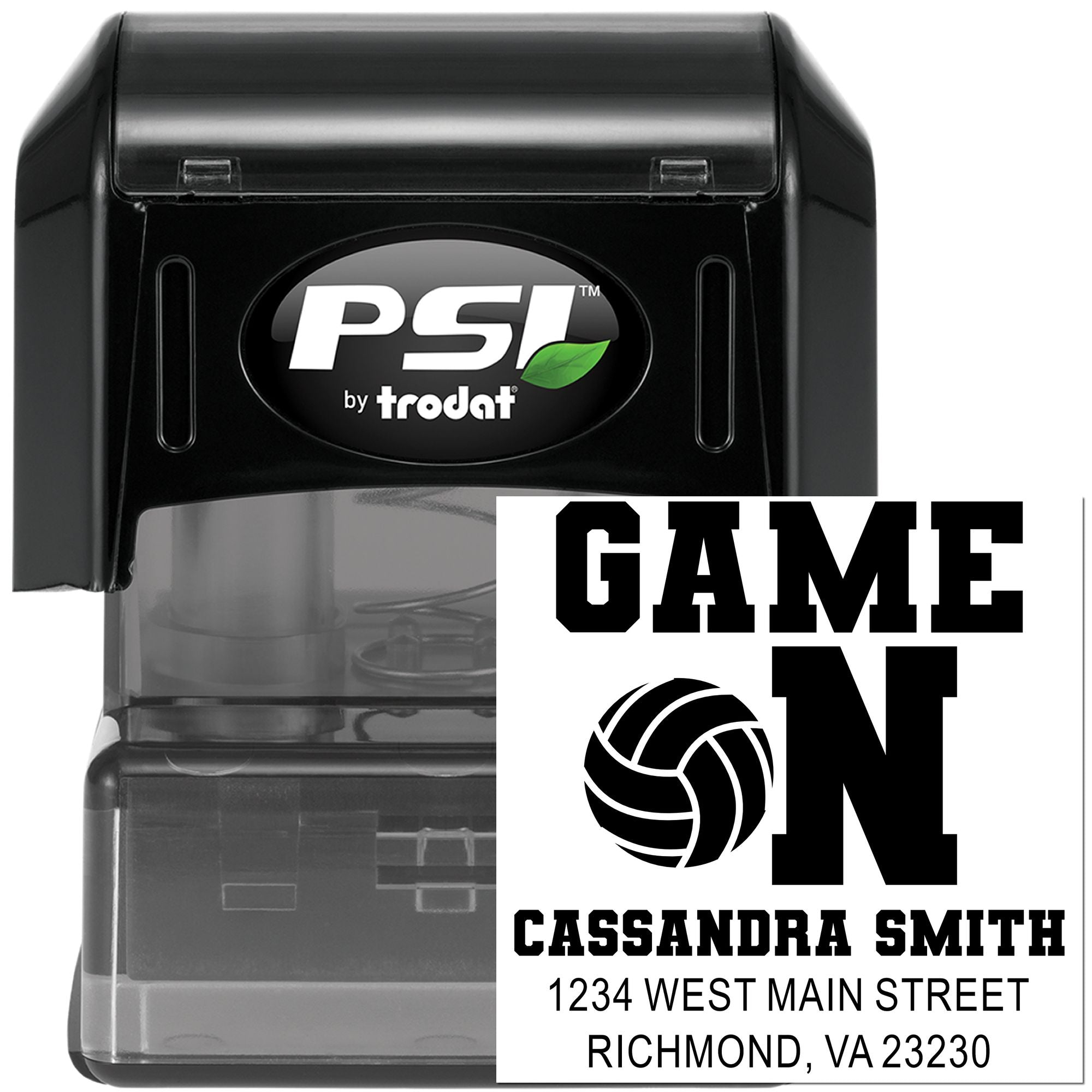 Custom self-inking rubber stamp with Game On volleyball design, name, and address for personalized mailing by PSI by Trodat