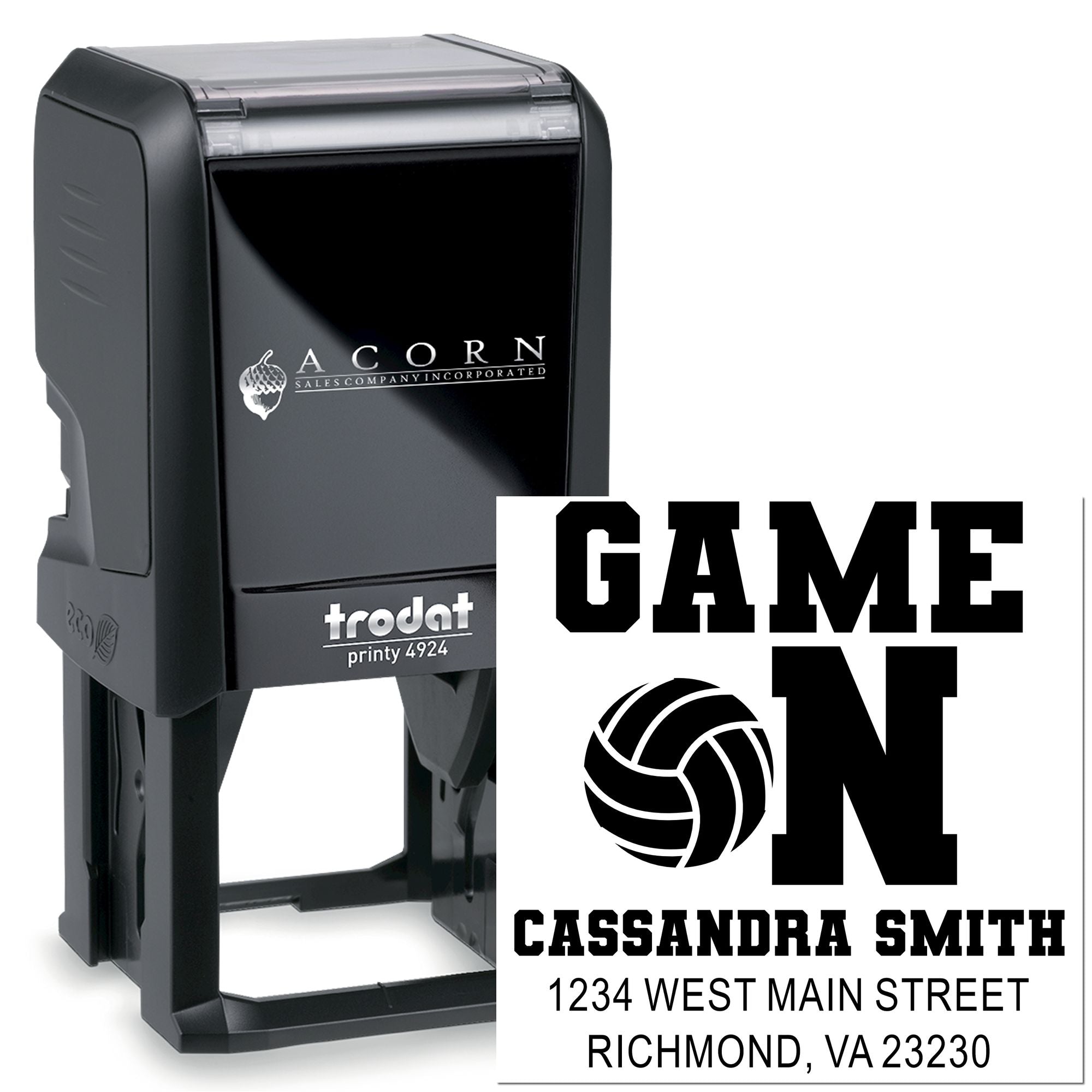 Custom self-inking rubber stamp with GAME ON volleyball design, personalized name, and address for team branding.