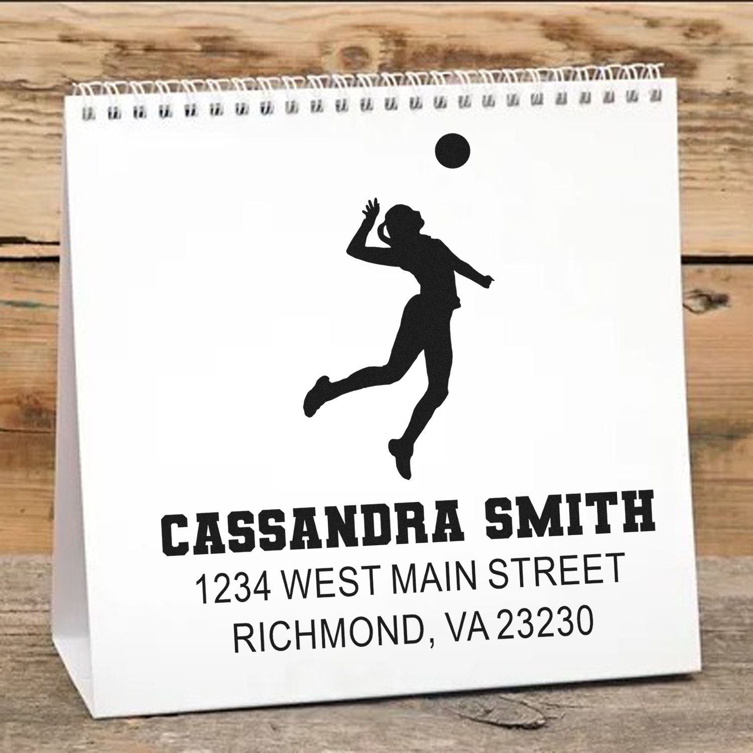 Custom volleyball player address rubber stamp with name and Richmond, VA return address for personalized packaging.