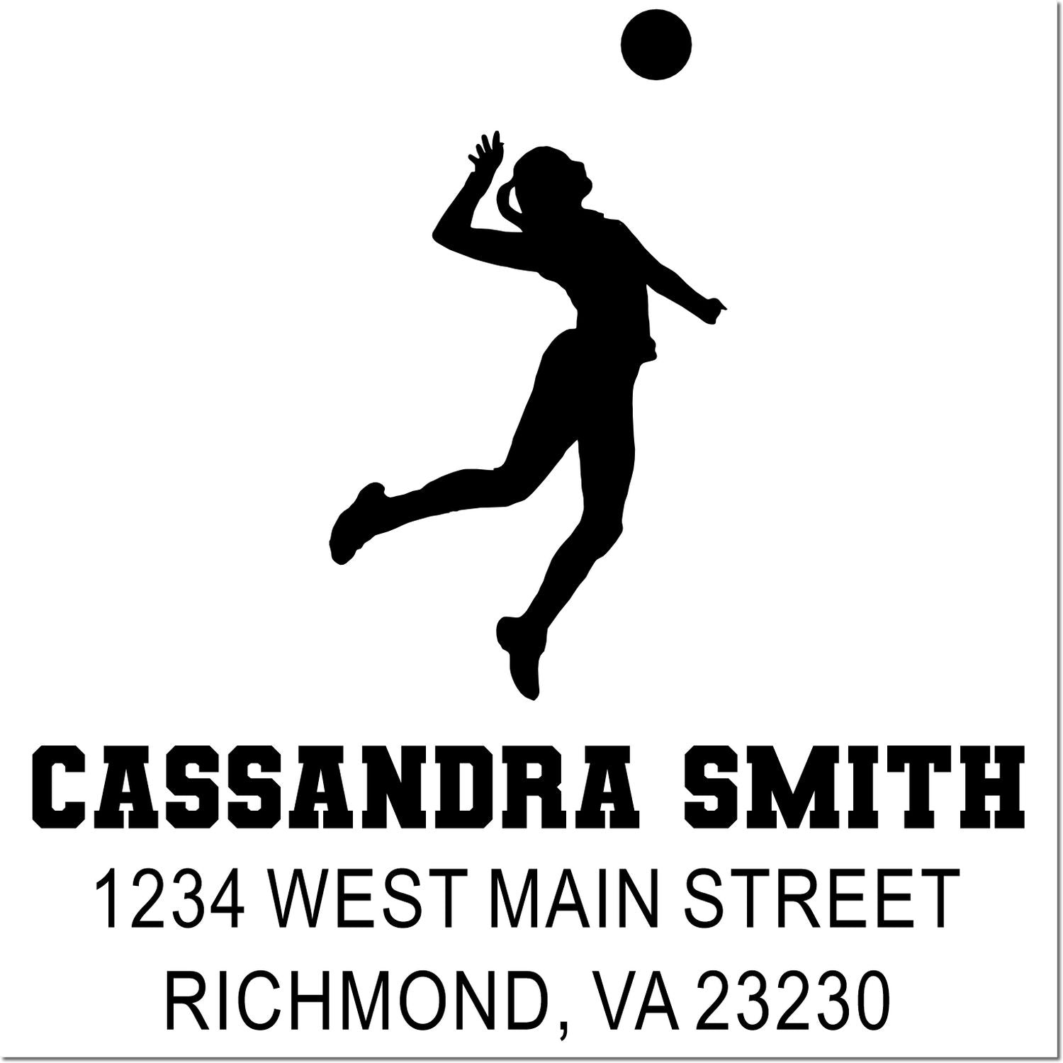 Custom volleyball player silhouette rubber stamp with Cassandra Smith name and Richmond, VA address.