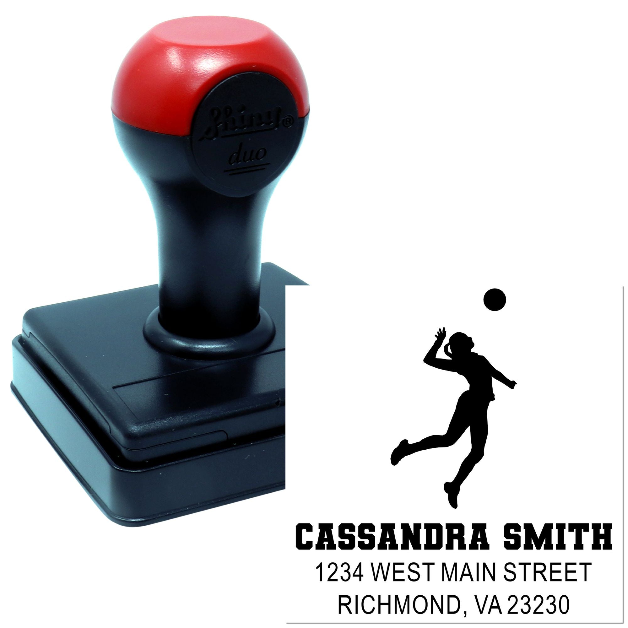 Custom self-inking rubber stamp with volleyball player logo and address imprint for personalized business labeling.
