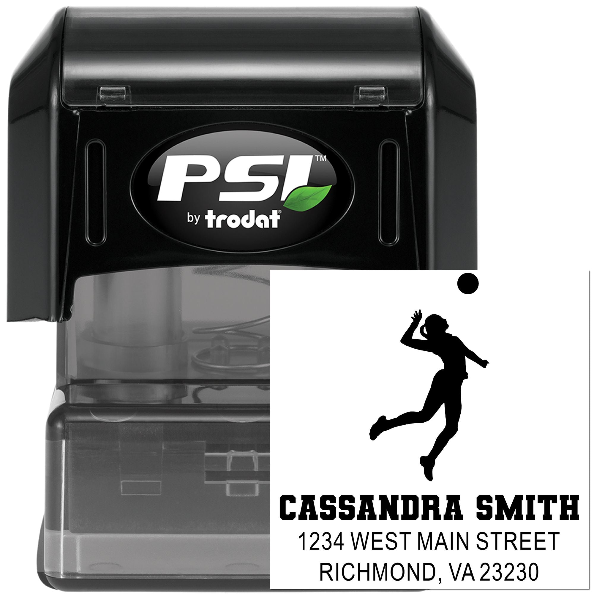 Custom self-inking rubber stamp by PSI Trodat featuring personalized name, address and volleyball player design.