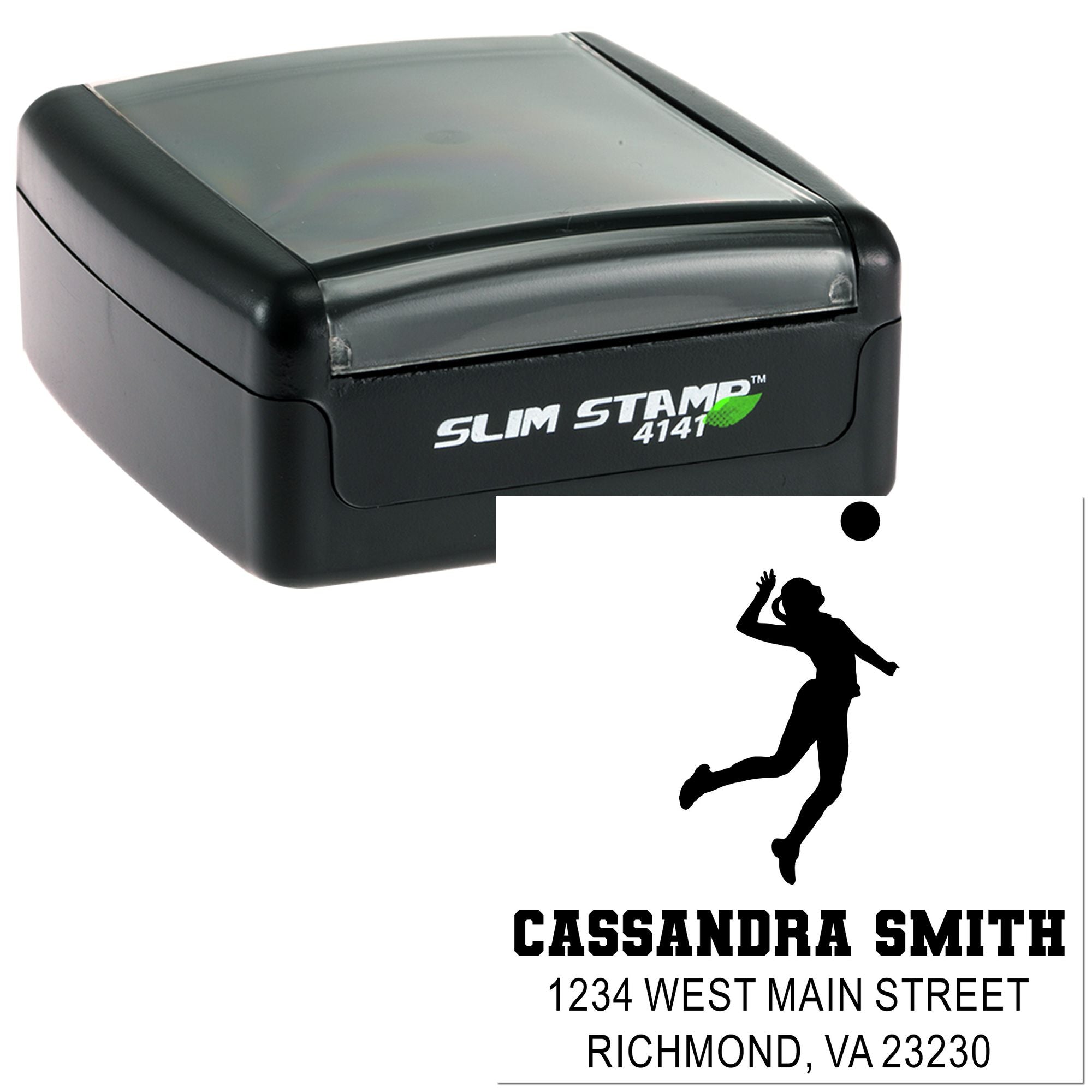 Custom Slim Stamp 4141 personalized rubber address stamp with ballerina logo, Cassandra Smith name, and Richmond, VA address.