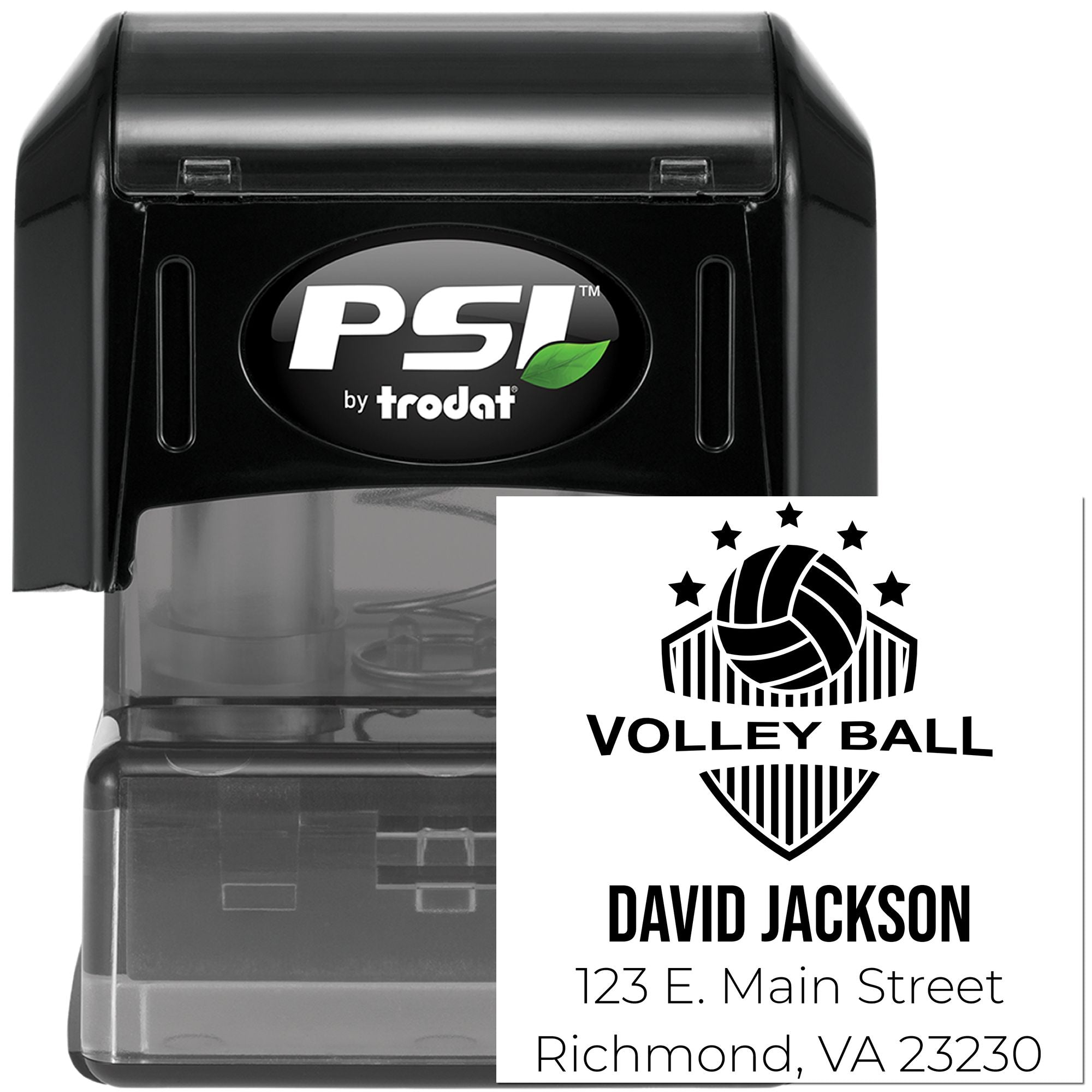 Custom self-inking rubber stamp for volleyball teams, featuring logo, name, and address for branding.