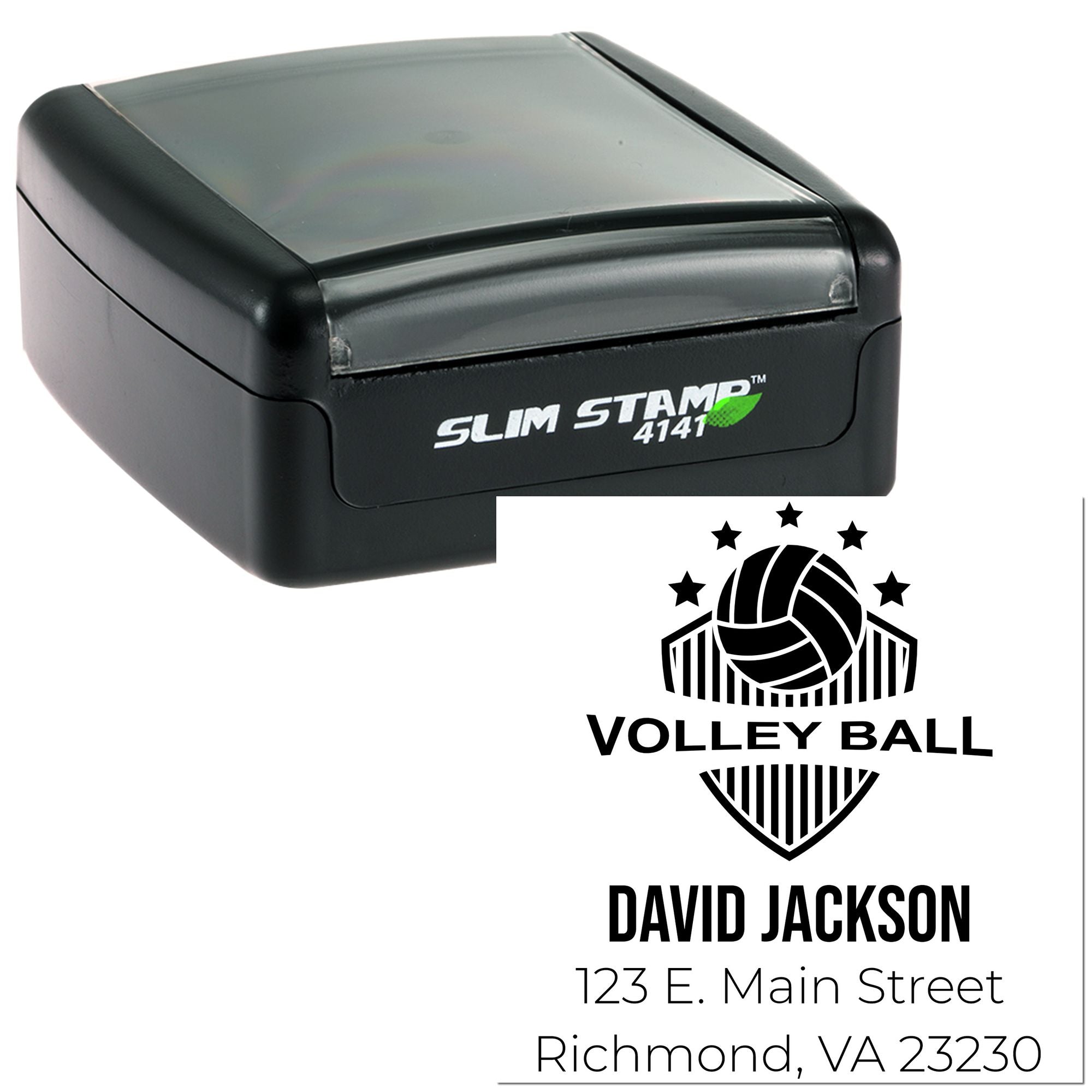 Custom self-inking volleyball rubber stamp with team logo, name, and address for personalized stamping.