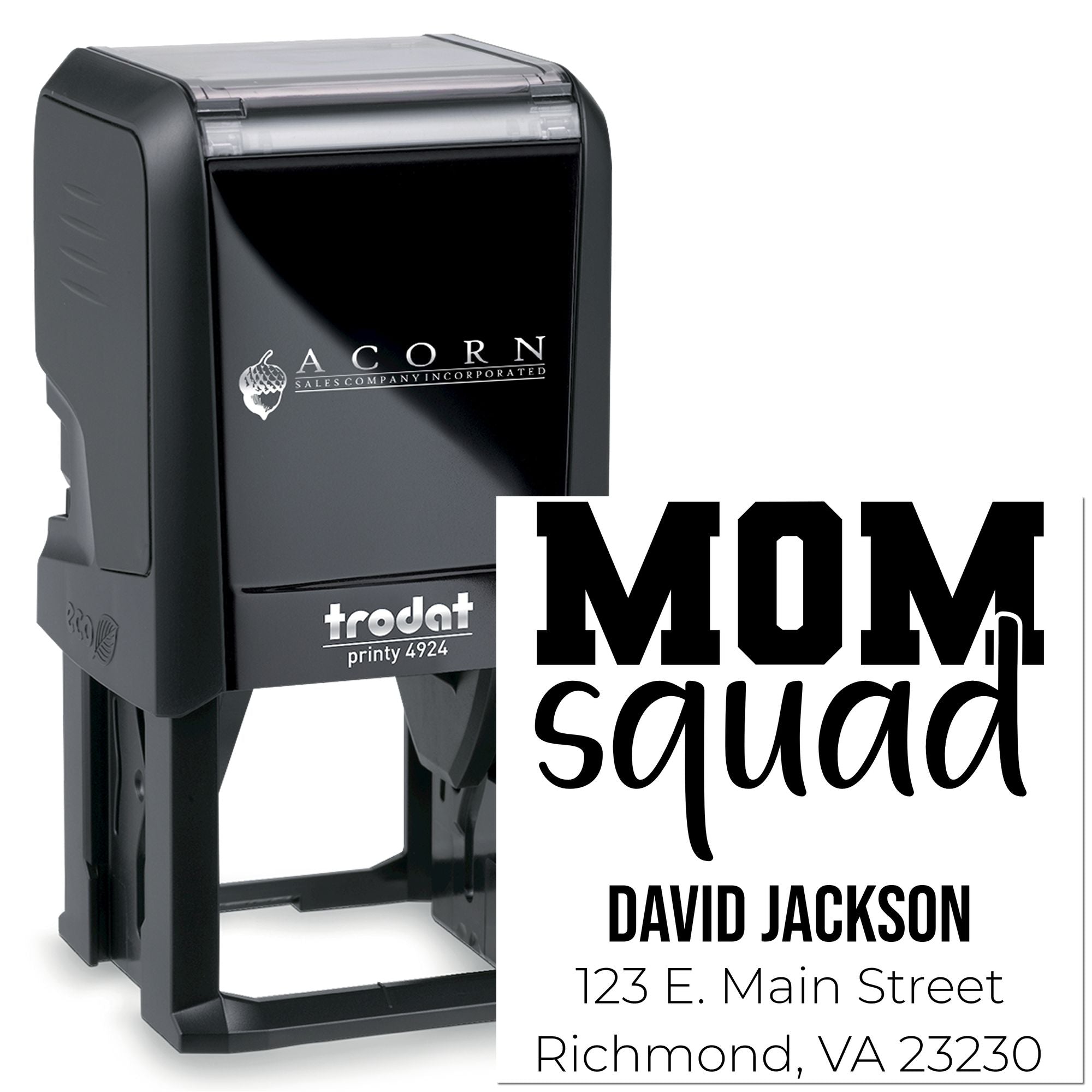 Custom self-inking address rubber stamp for Mom Squad, Trodat Printy 4924 with name and address imprint.