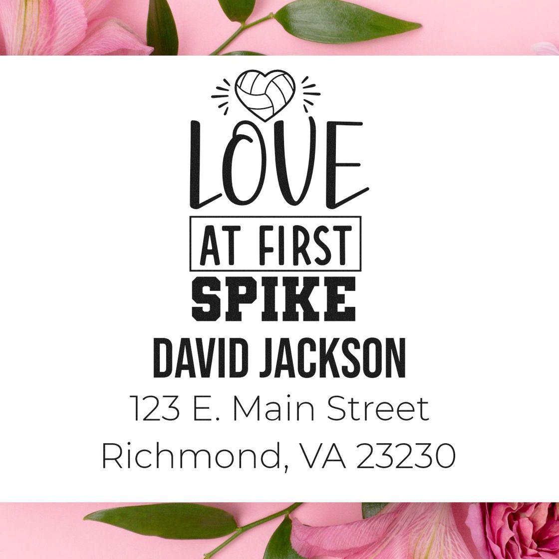 Personalized volleyball rubber stamp with Love at First Spike, David Jackson name, and Richmond, VA address.