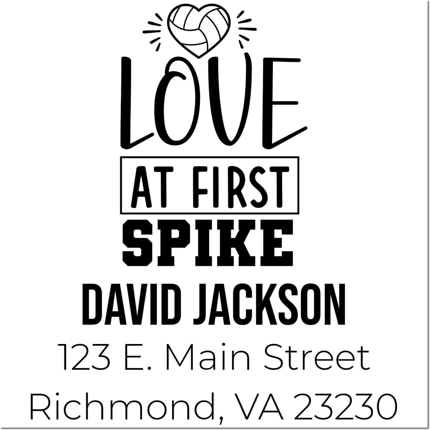Custom volleyball return address rubber stamp with Love at First Spike, name, and address for personalized team gifts.
