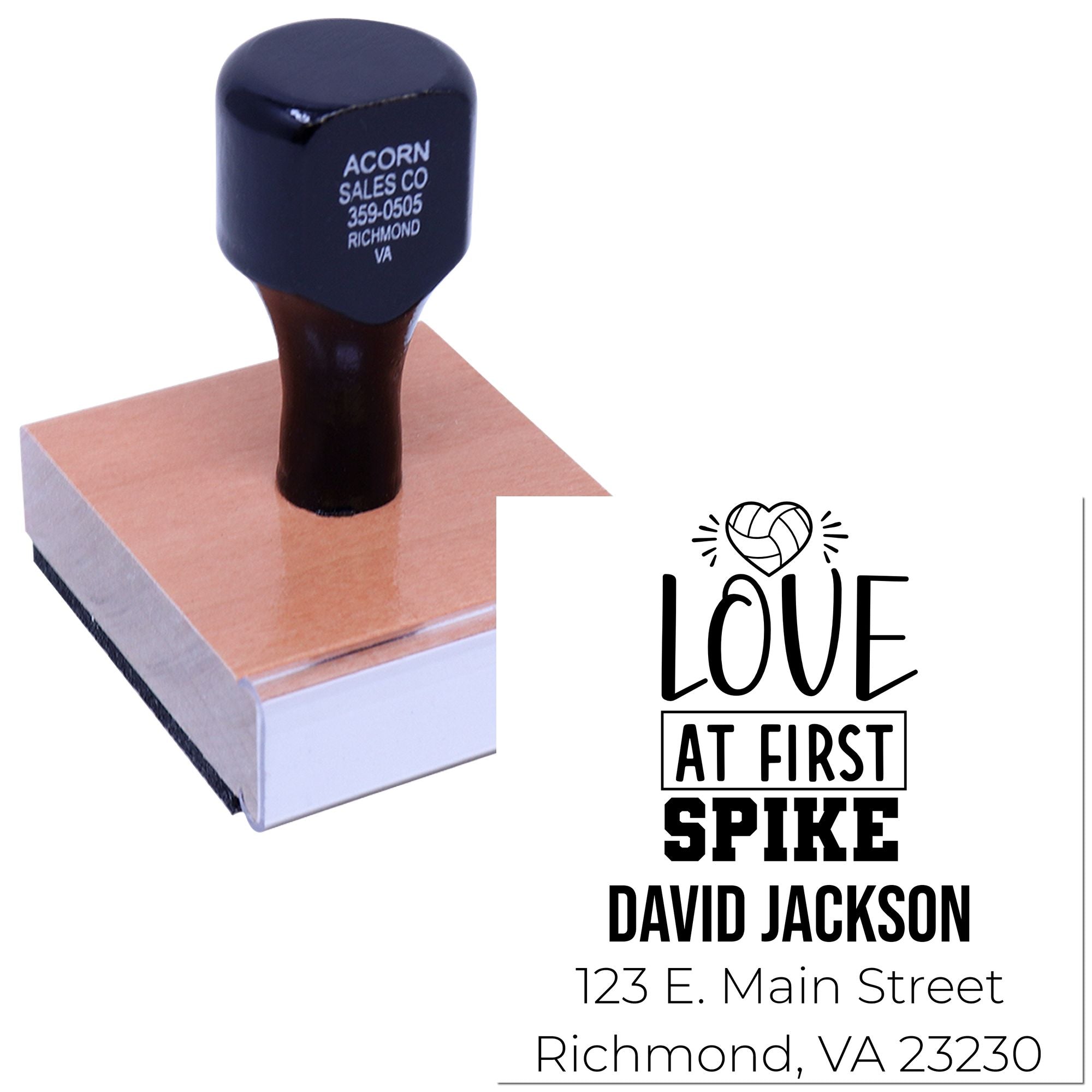 Personalized volleyball wedding rubber stamp with Love at First Spike name and address for invitations.