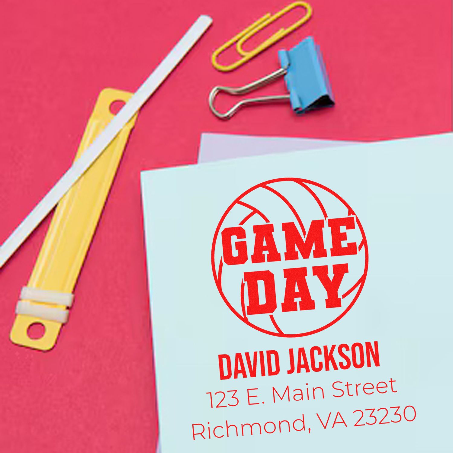 Custom Game Day rubber stamp with David Jackson address on stationery, ideal for personalized sports-themed mailings.