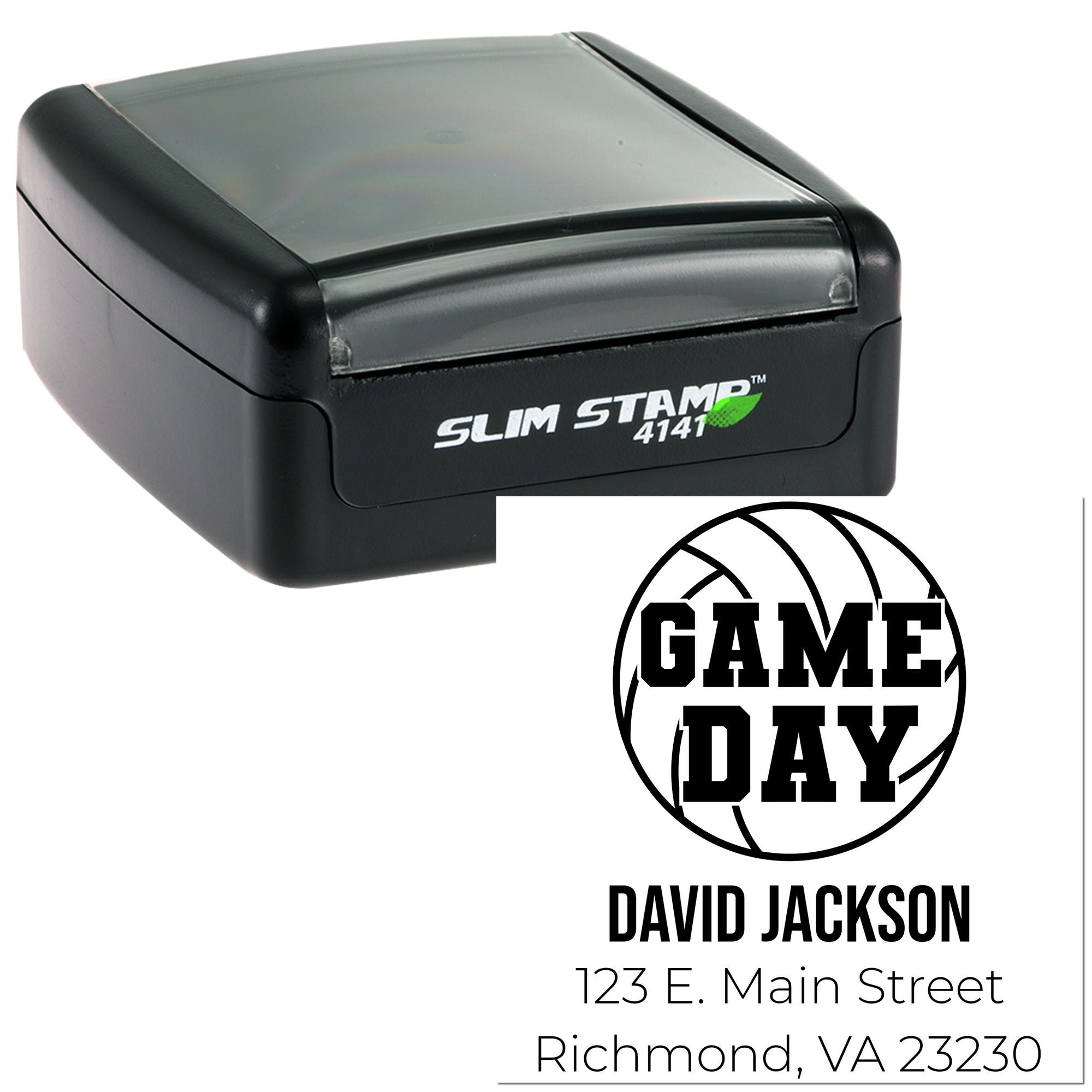 Custom self-inking rubber stamp with basketball game day design, personalized name, address, and Richmond, VA return details.