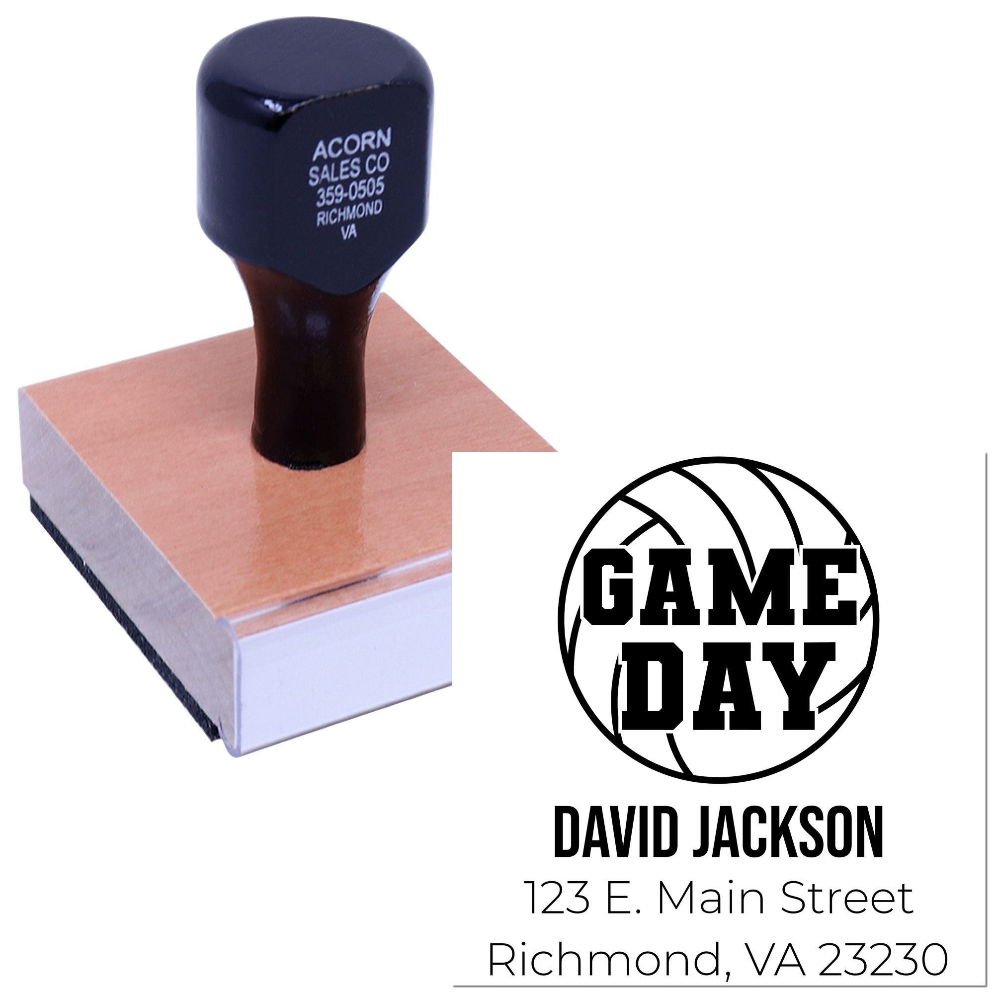 Custom basketball game day rubber stamp with name and address for personalized sports fan mail and event labeling.