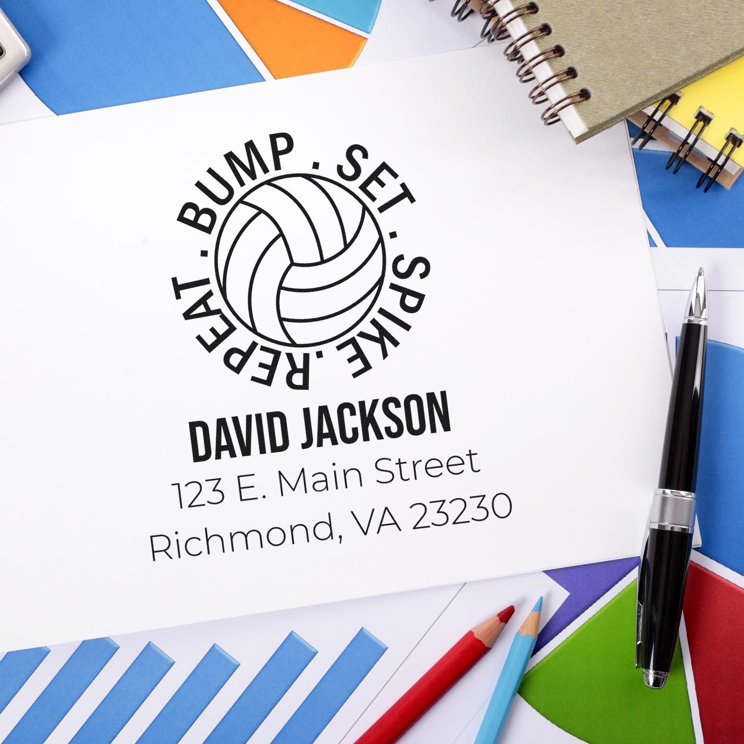 Custom volleyball return address rubber stamp with Bump Set Spike Repeat logo, David Jackson name, and Richmond, VA address.