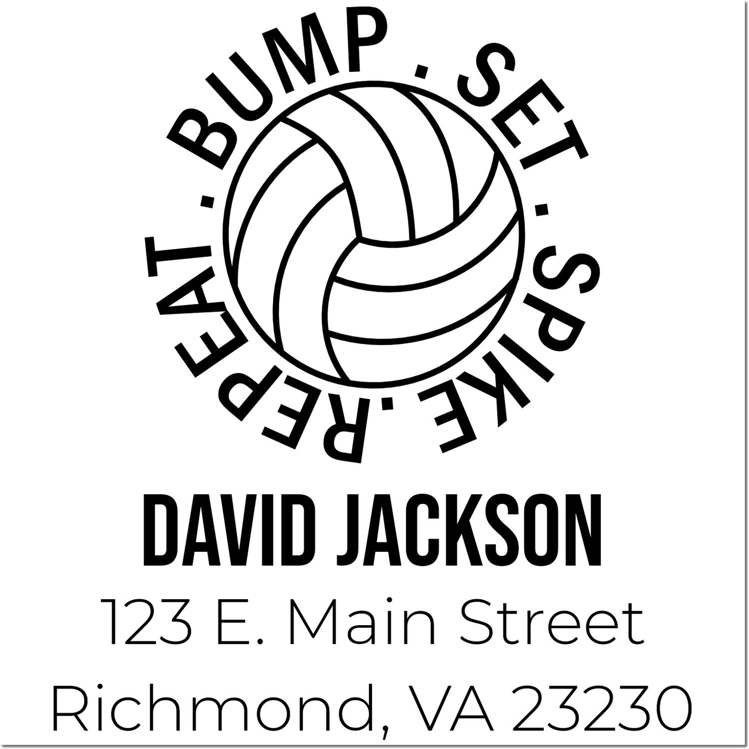 Custom volleyball rubber stamp with Bump, Set, Spike, Repeat logo, David Jackson name, and Richmond, VA address.