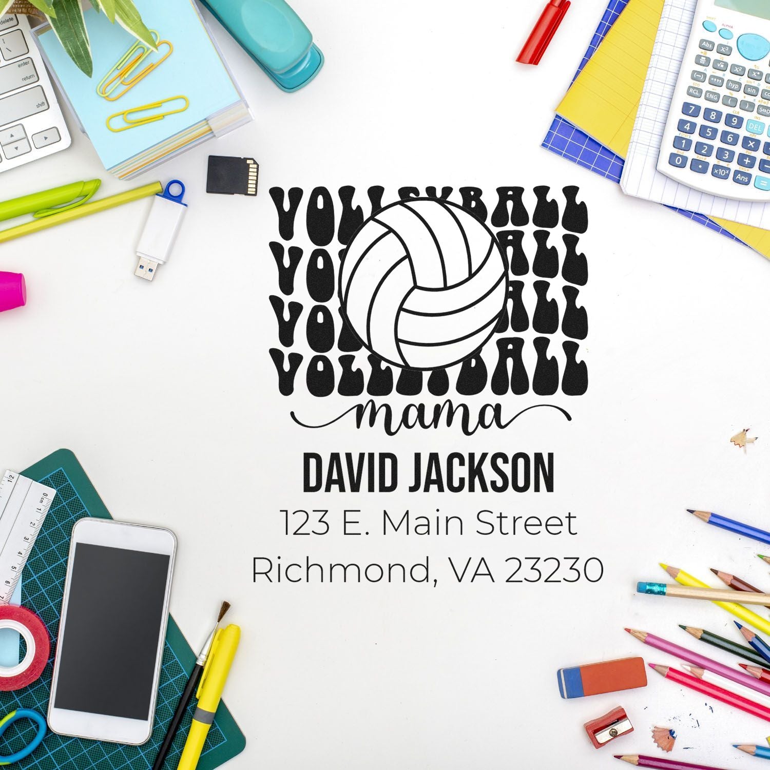 Custom volleyball mama return address rubber stamp with name and Richmond, VA address for personalized mailing.