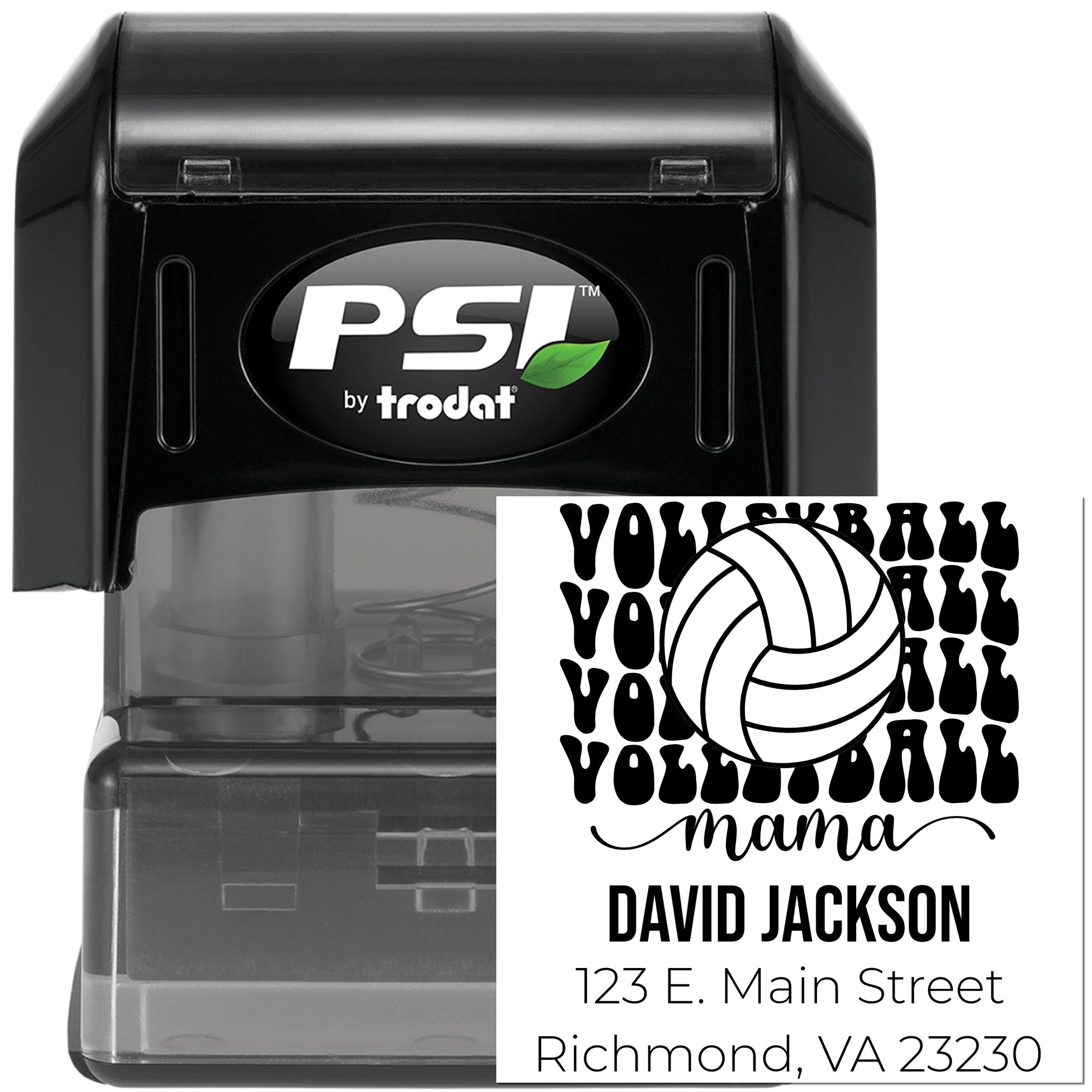 PSI by Trodat self-inking rubber stamp with custom volleyball mama design, name, and address for personalized return stamping.