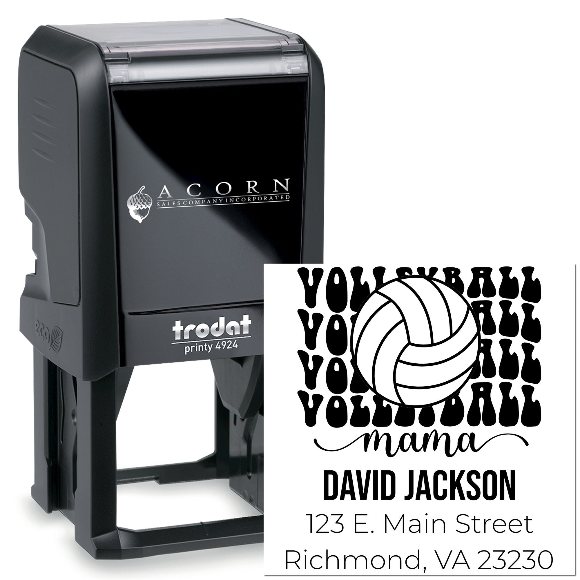 Trodat self-inking custom rubber stamp with Volleyball Mama design, name and address for personalized sports mom mailings.