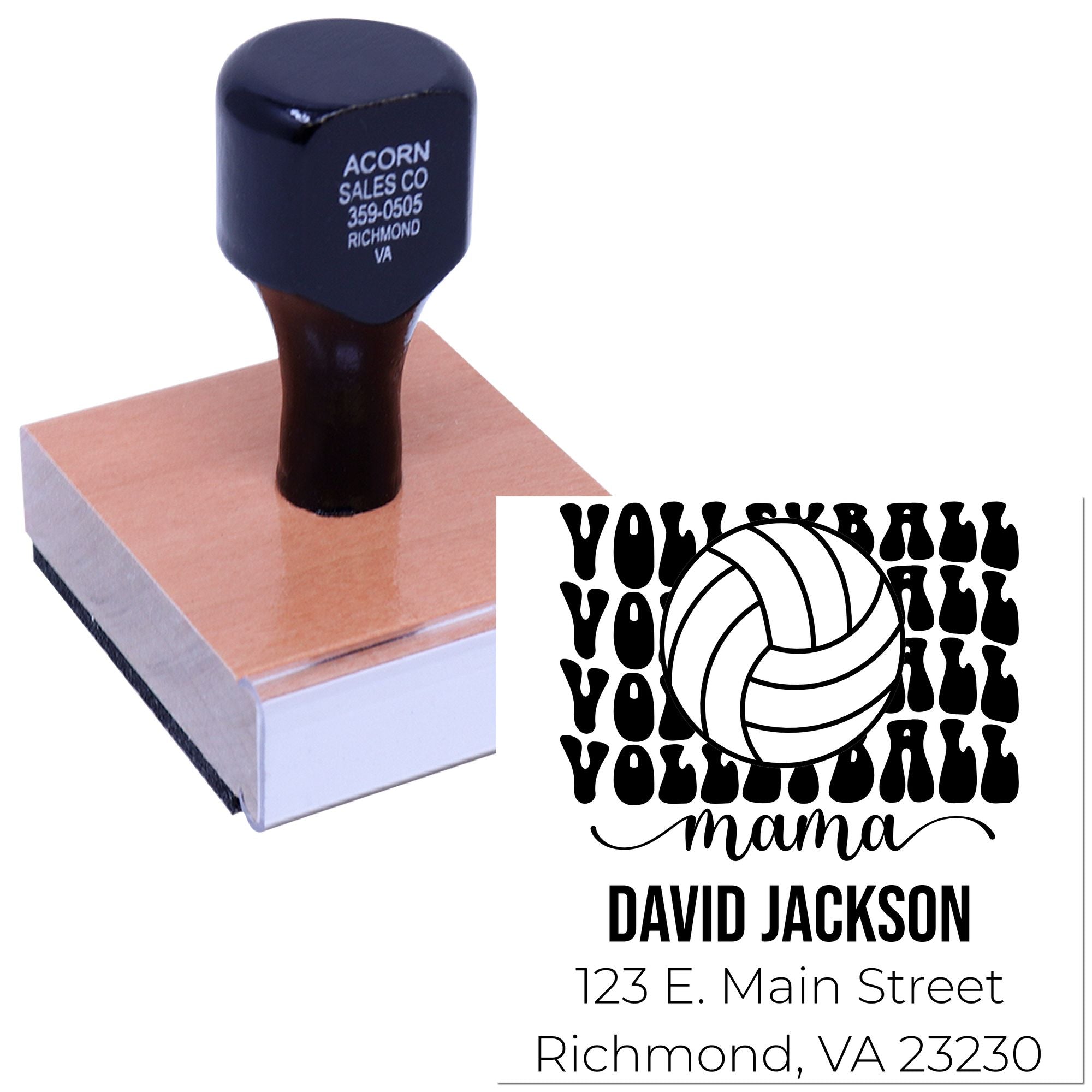 Custom volleyball mama address rubber stamp with personalized name and address for envelopes, cards, and crafts.