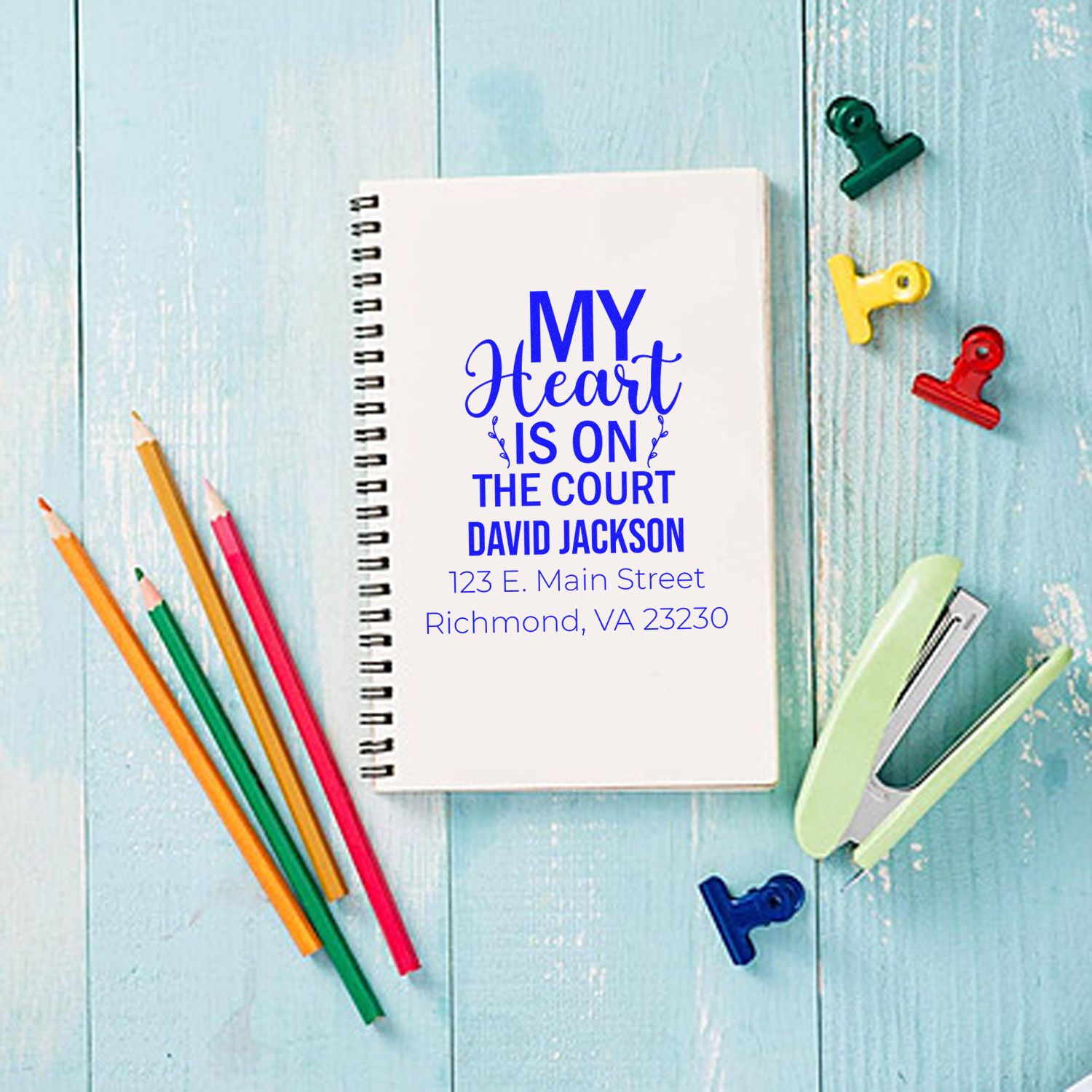 Personalized basketball rubber stamp mockup with name and address, featuring My Heart Is on the Court design.
