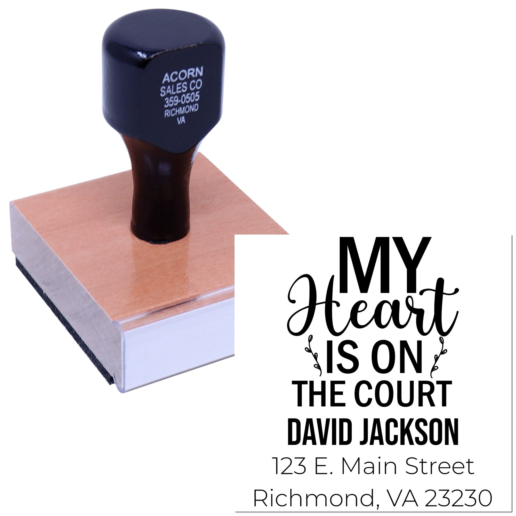 Custom basketball rubber stamp design with My Heart Is on the Court text, name, and address for personalized stamping.