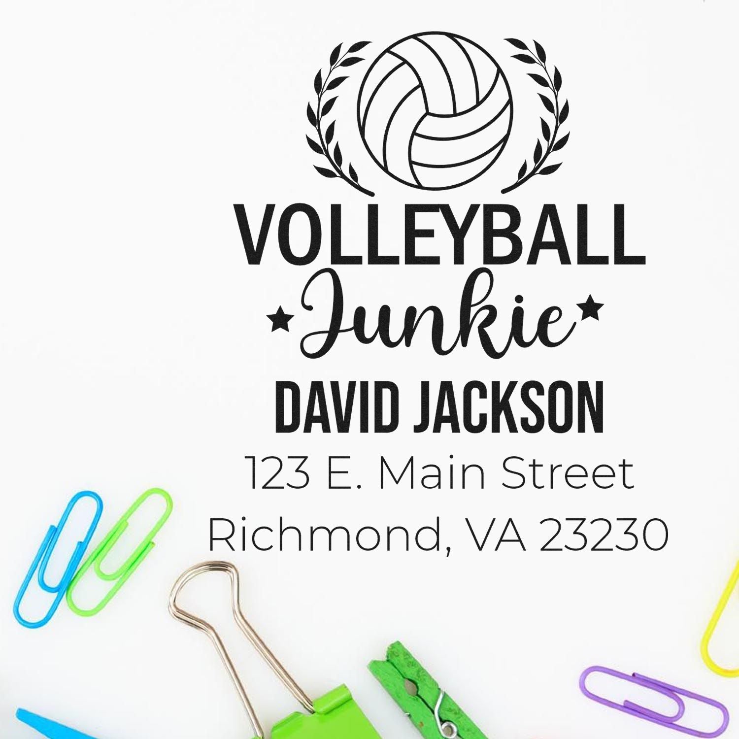 Custom volleyball personalized address rubber stamp with Volleyball Junkie, David Jackson, and Richmond, VA return address.