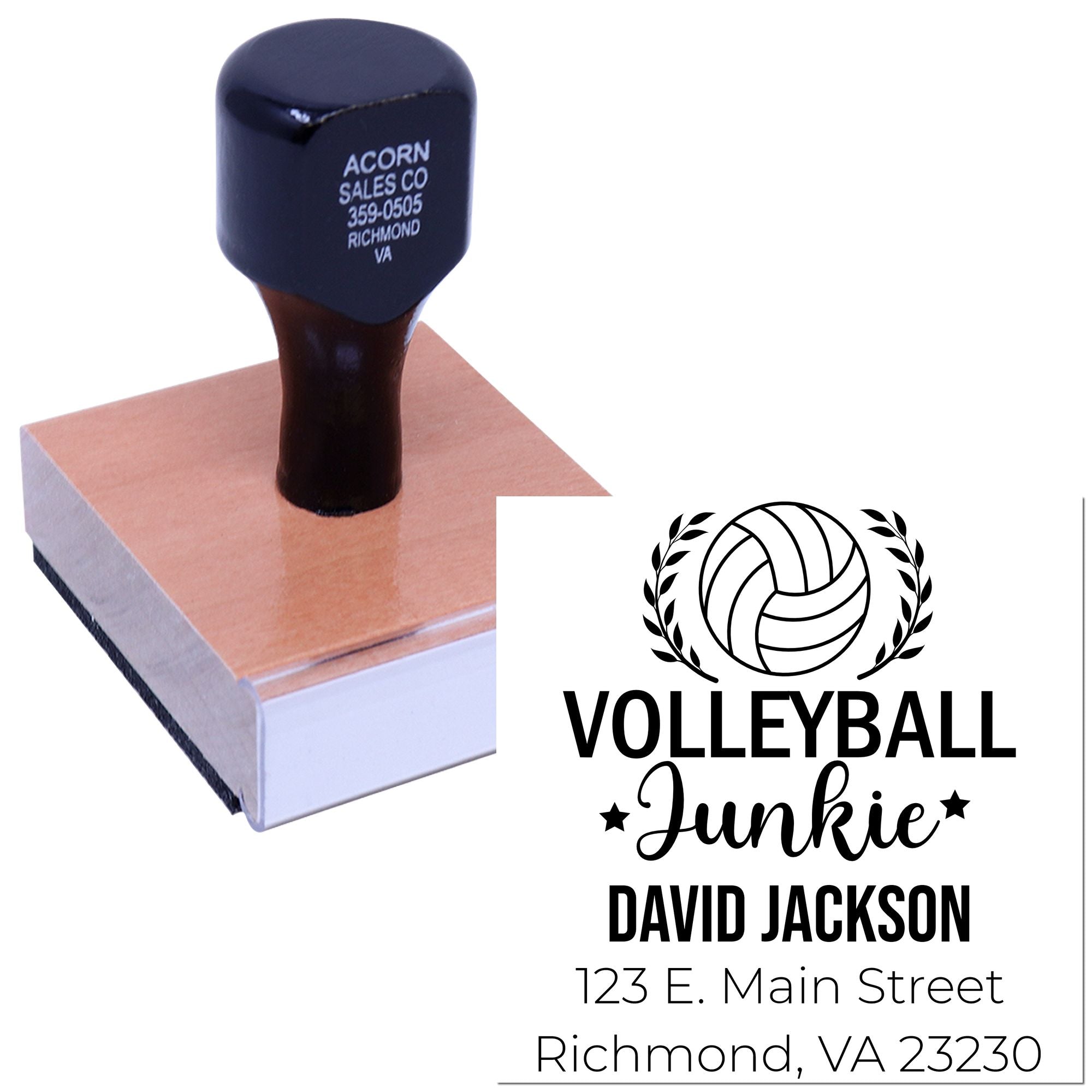 Custom volleyball rubber stamp with name and address, ideal for team gifts, stationery, and personalized return address labeling.